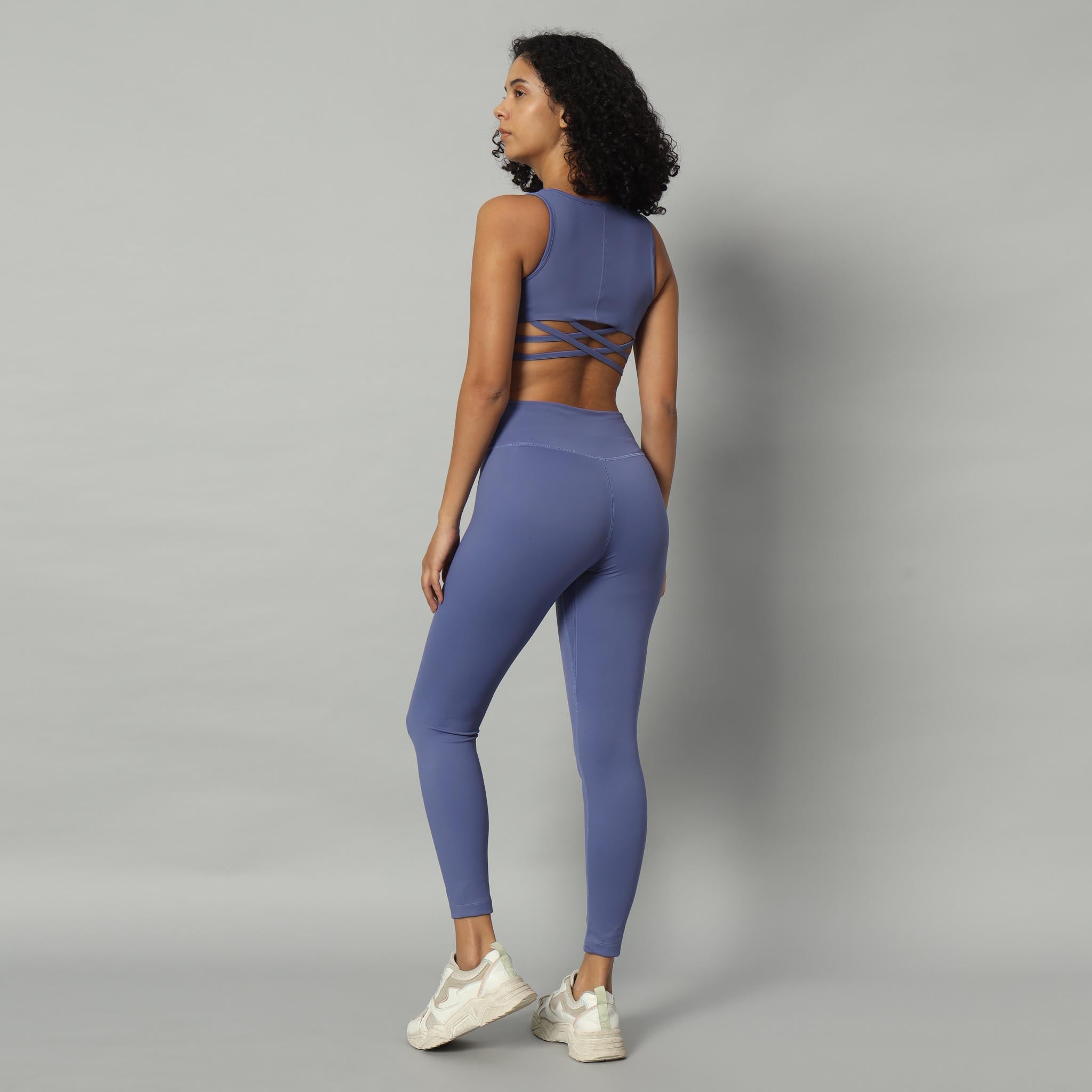 Back side view of Dry Fit Sports Bra Top with Criss Cross Back blue Colour variant.