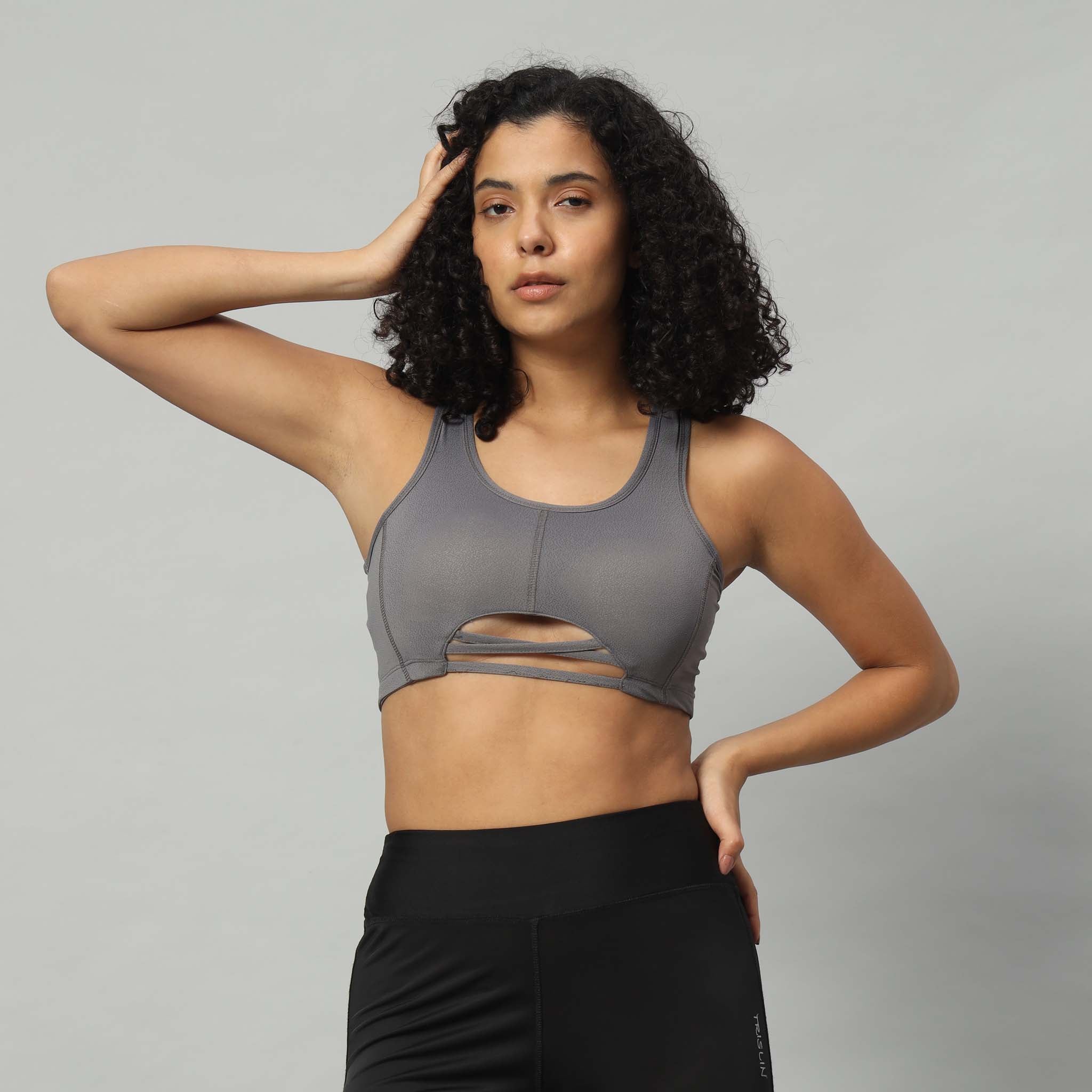 Dry Fit Sports Bra Top with Criss Cross Front Gray Variant