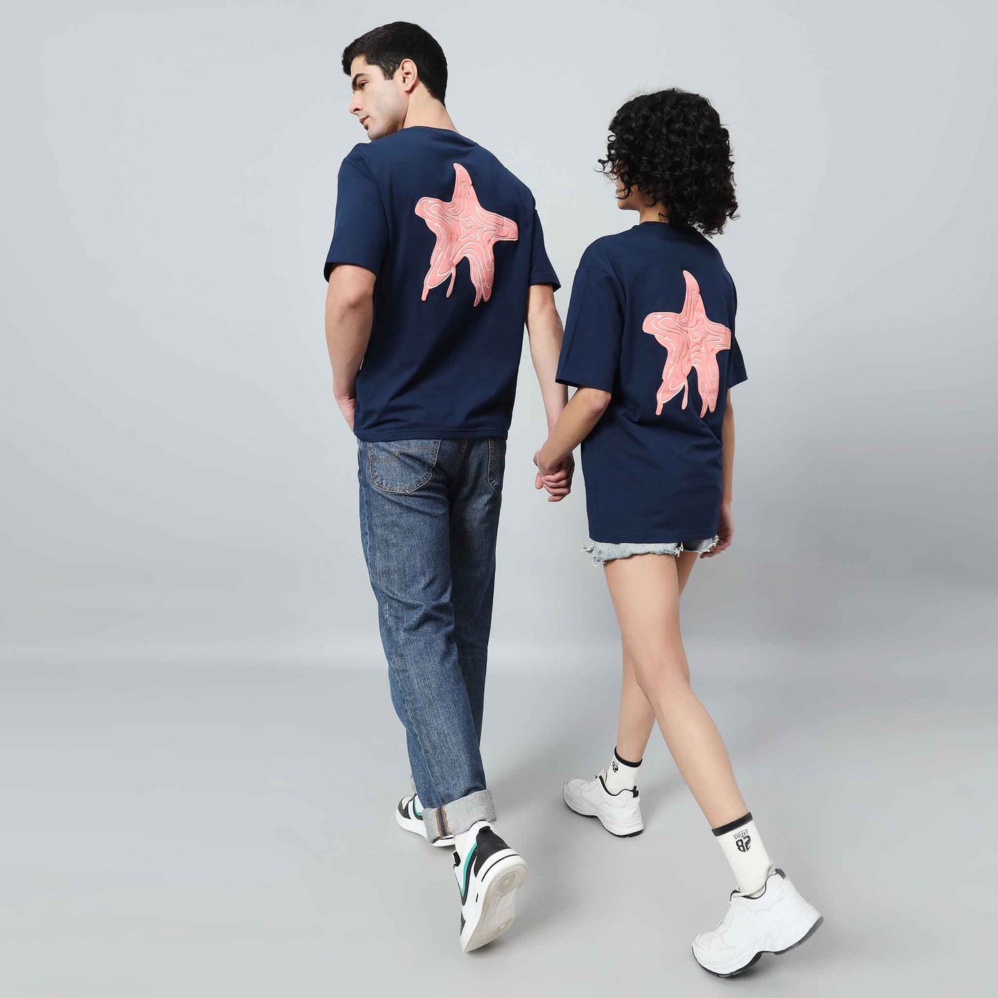 Starfish graphic print Solid Lycra Jersey Oversize T-shirt