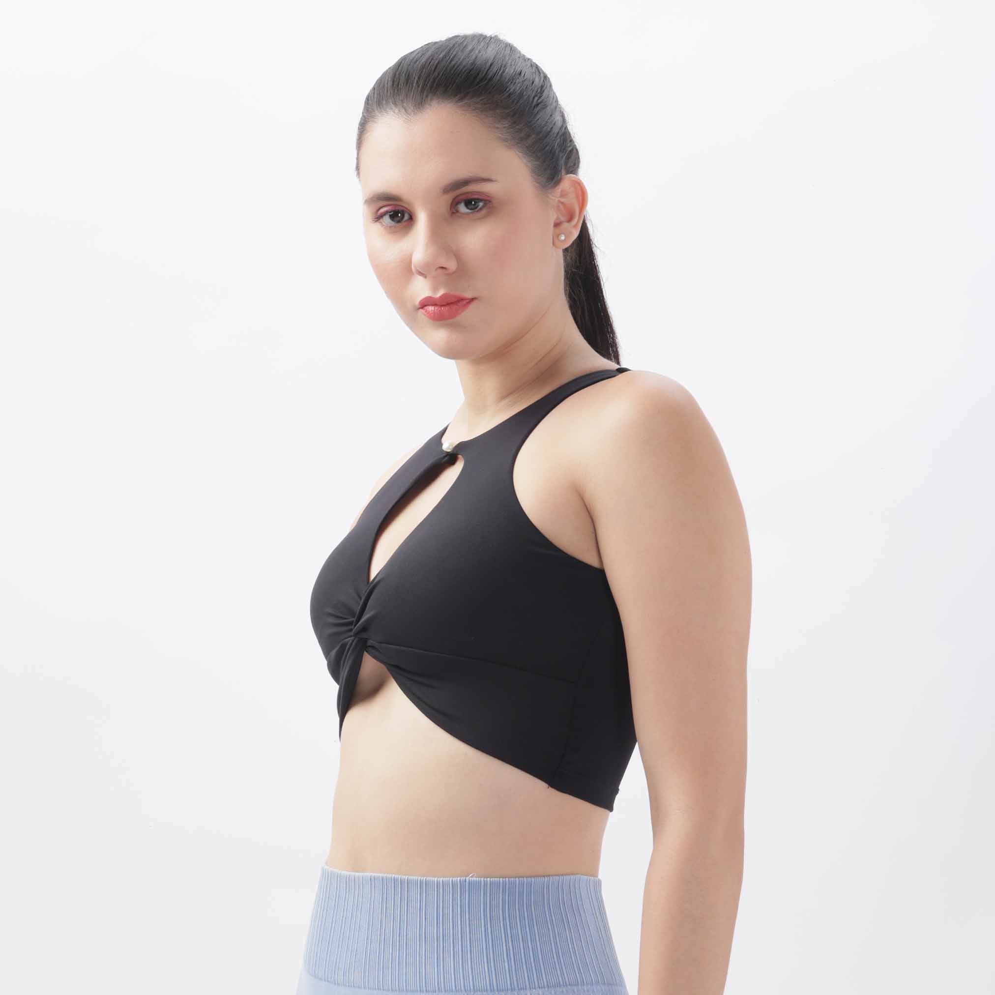 Side view of Women's Twist Knot Hollow Sports Bra Black variant.