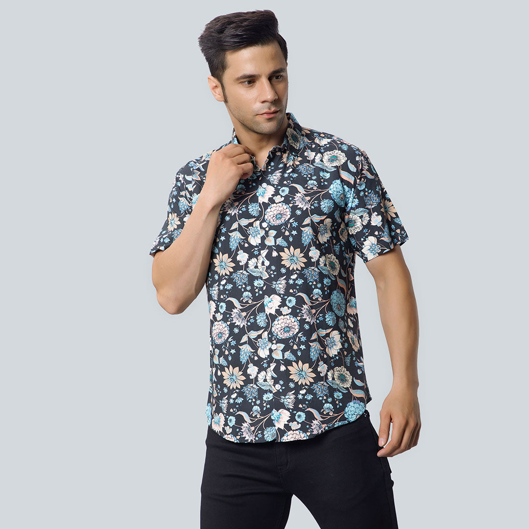 Rayon Pastel Color Flower Print Black Shirts for Men