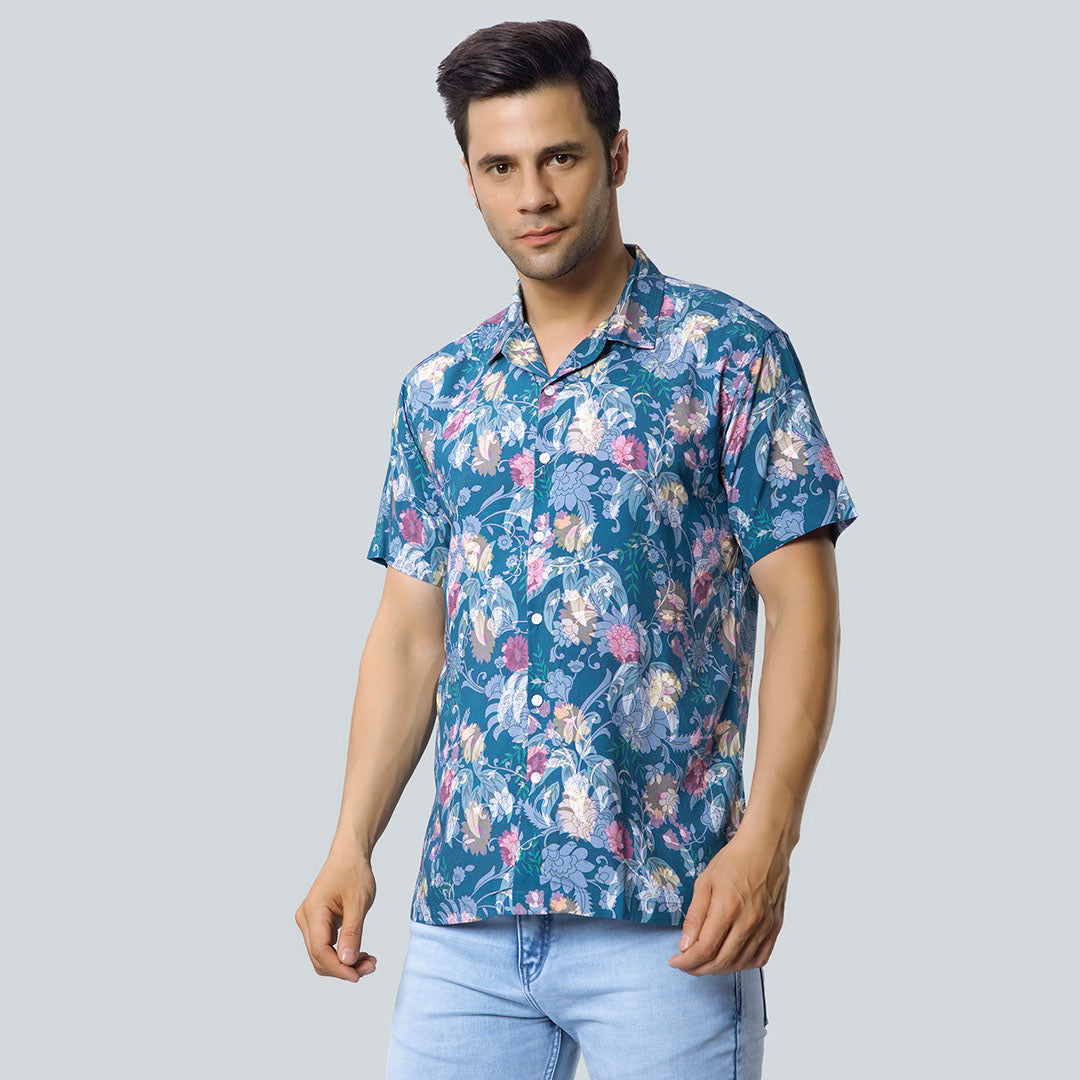Rayon Flower and Leaf Print Green Shirts for Men
