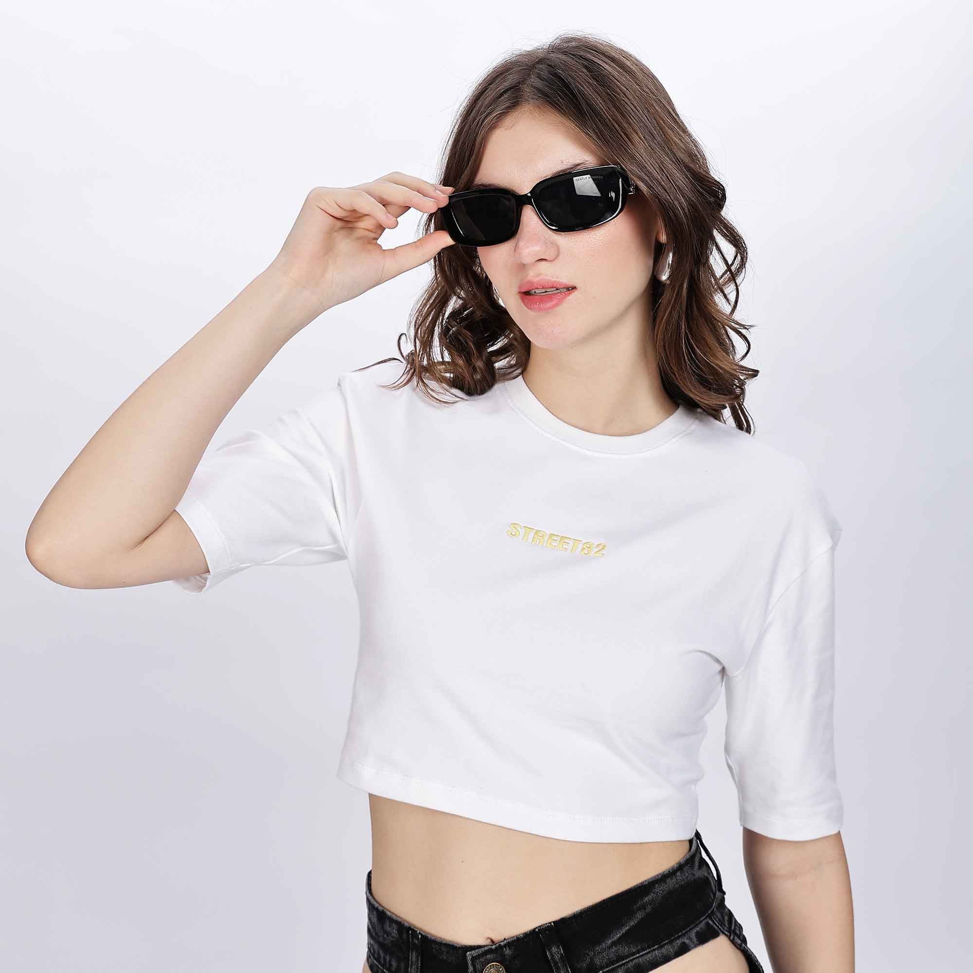 Half Sleeve Casual Crop Top with Embroidery Logo