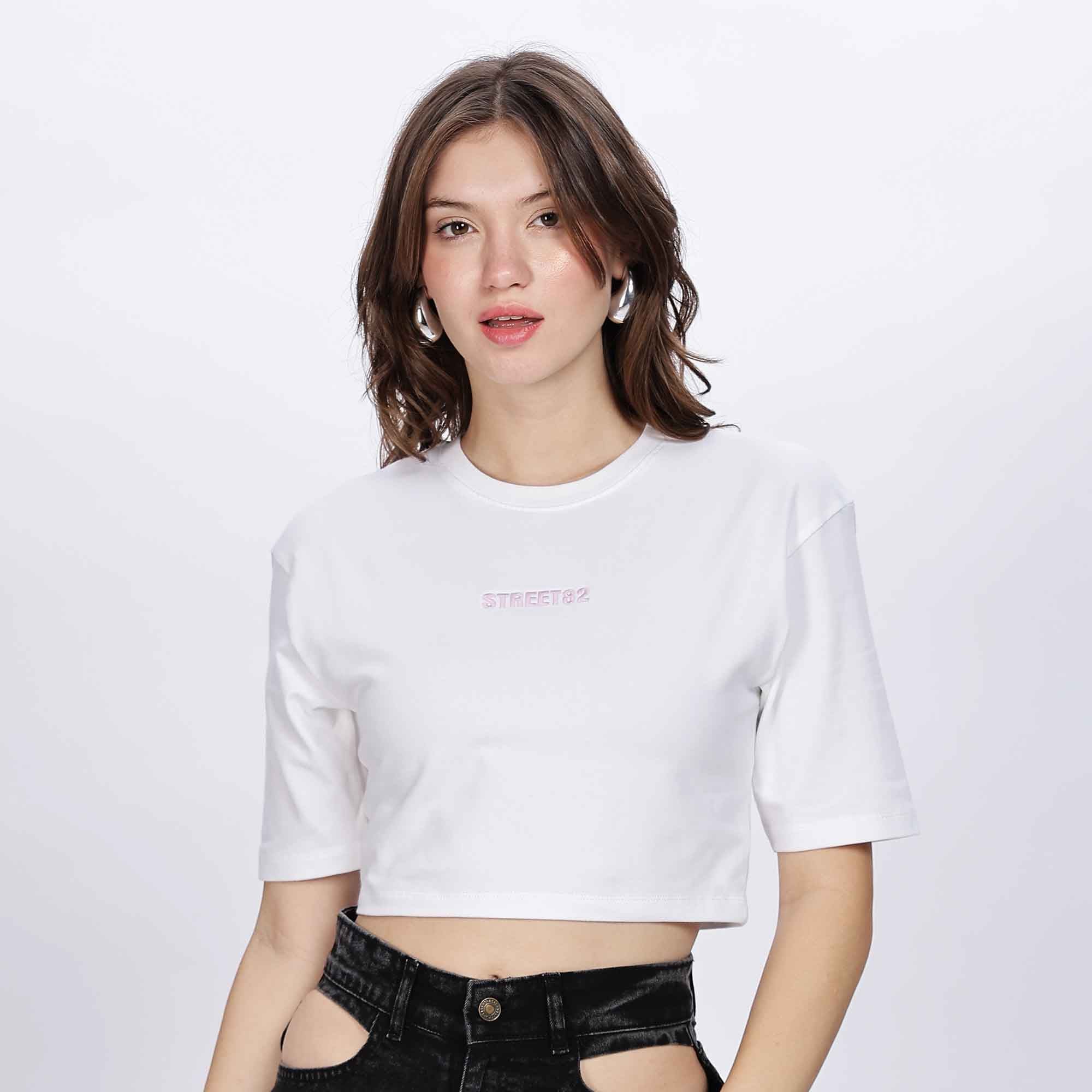Half Sleeve Casual Crop Top with Embroidery Logo