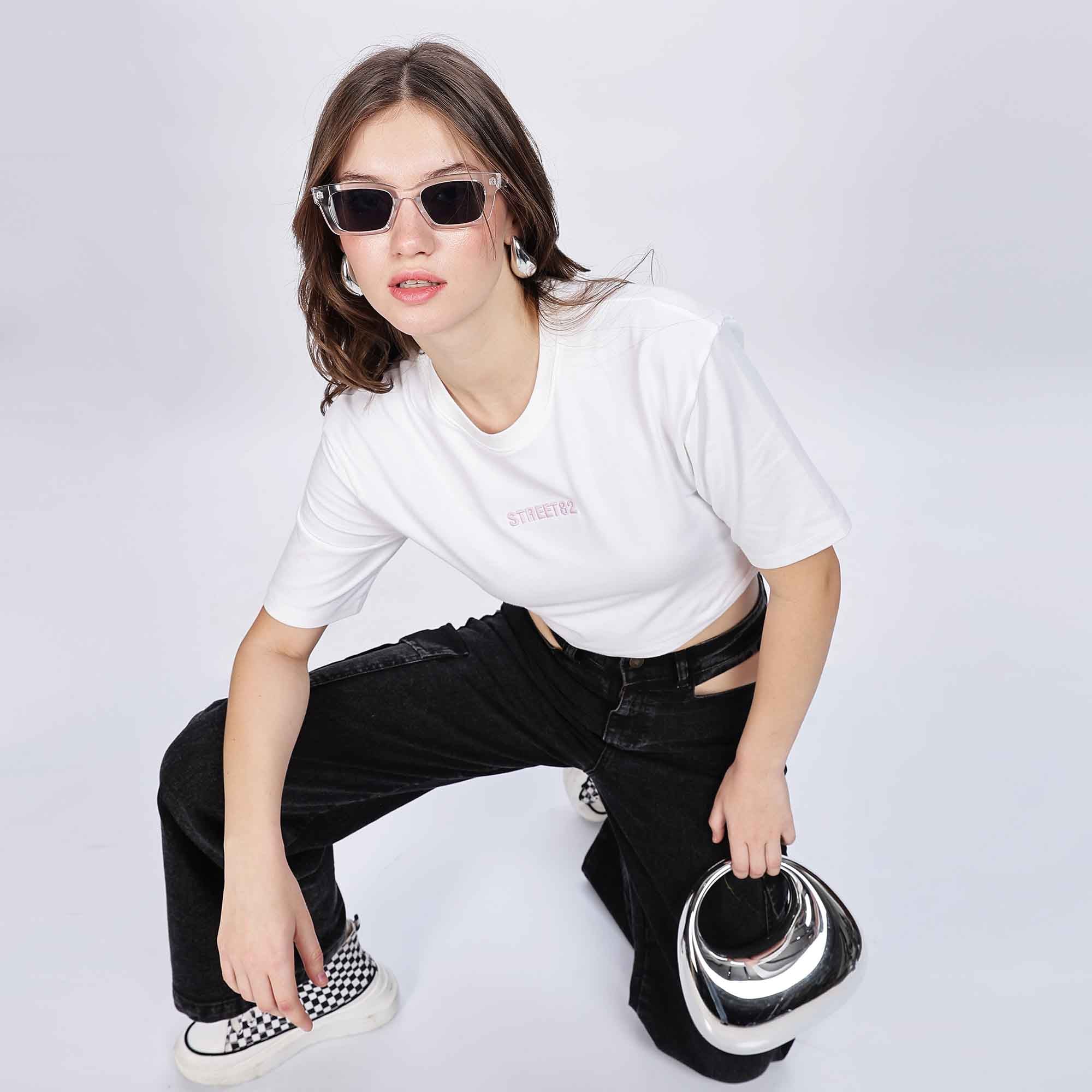 Half Sleeve Casual Crop Top with Embroidery Logo