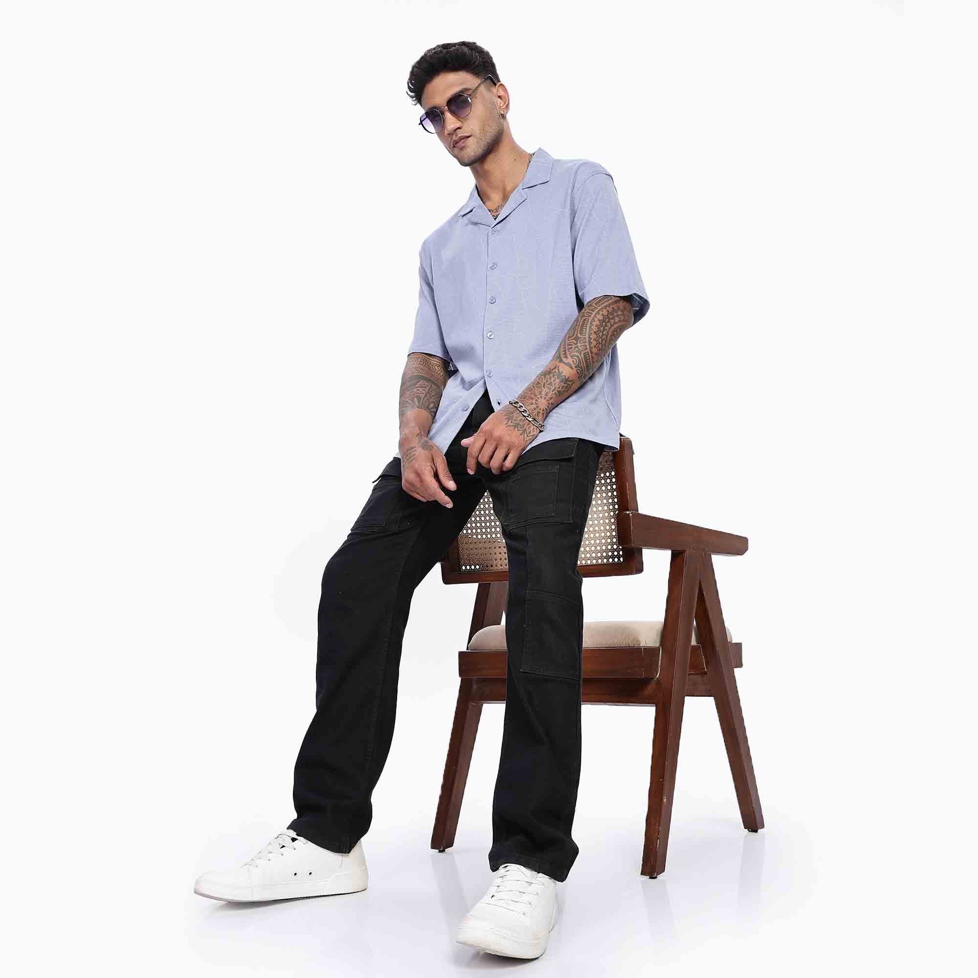 Cuban collar Oversize Short Sleeved Shirt with Polygon Design