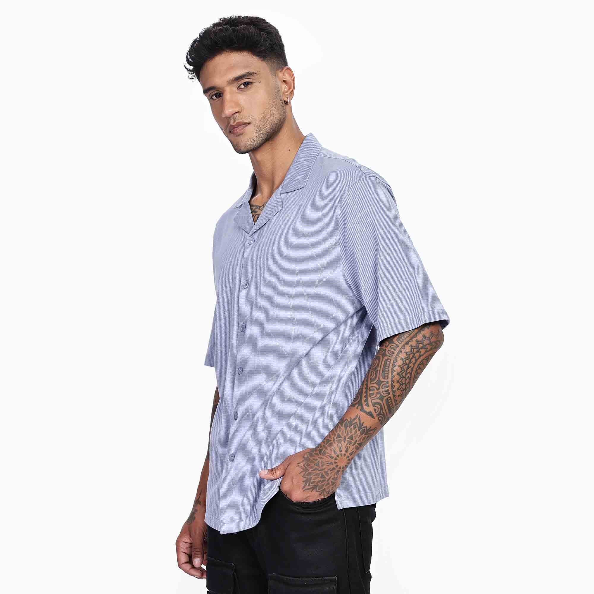 Cuban collar Oversize Short Sleeved Shirt with Polygon Design