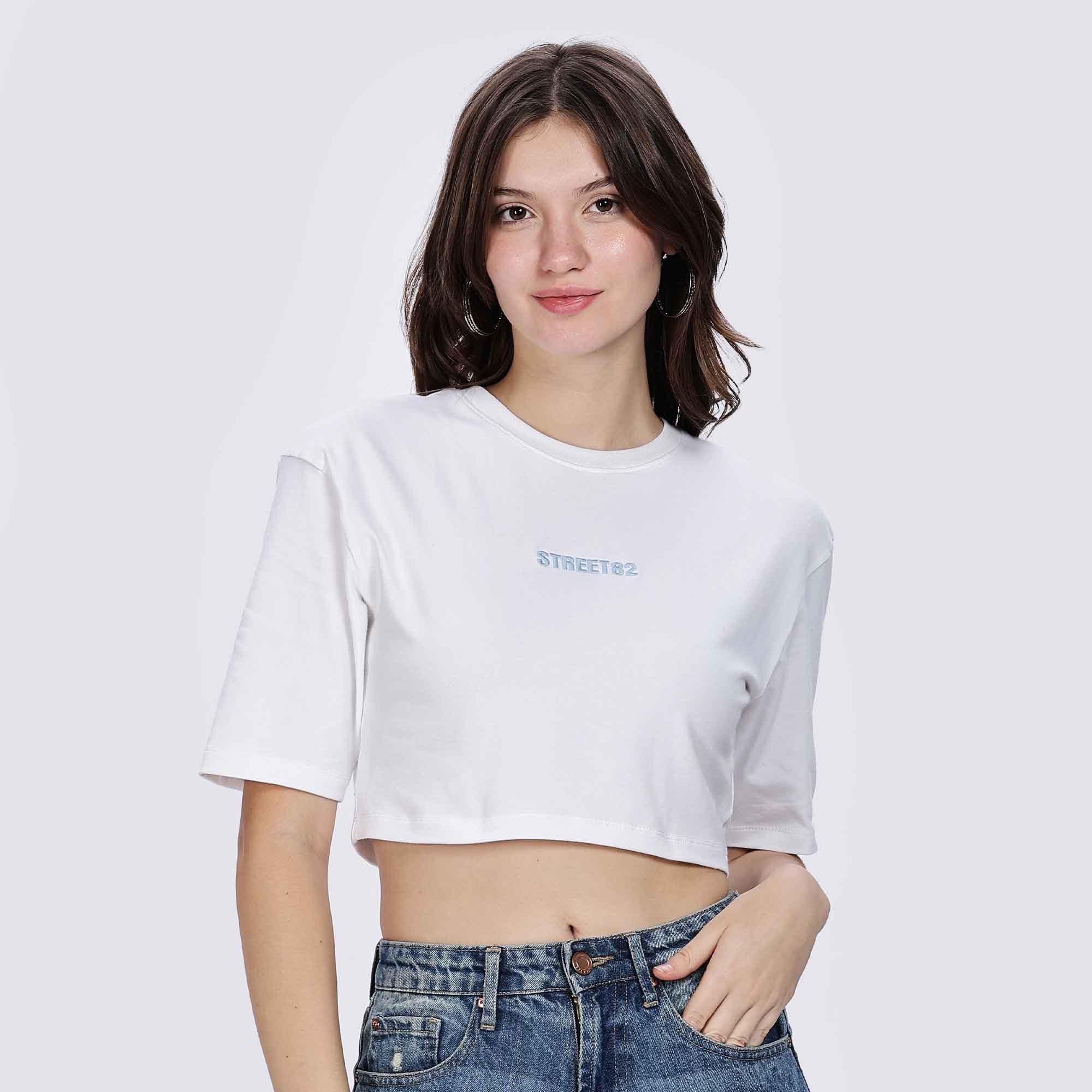 Half Sleeve Casual Crop Top with Embroidery Logo