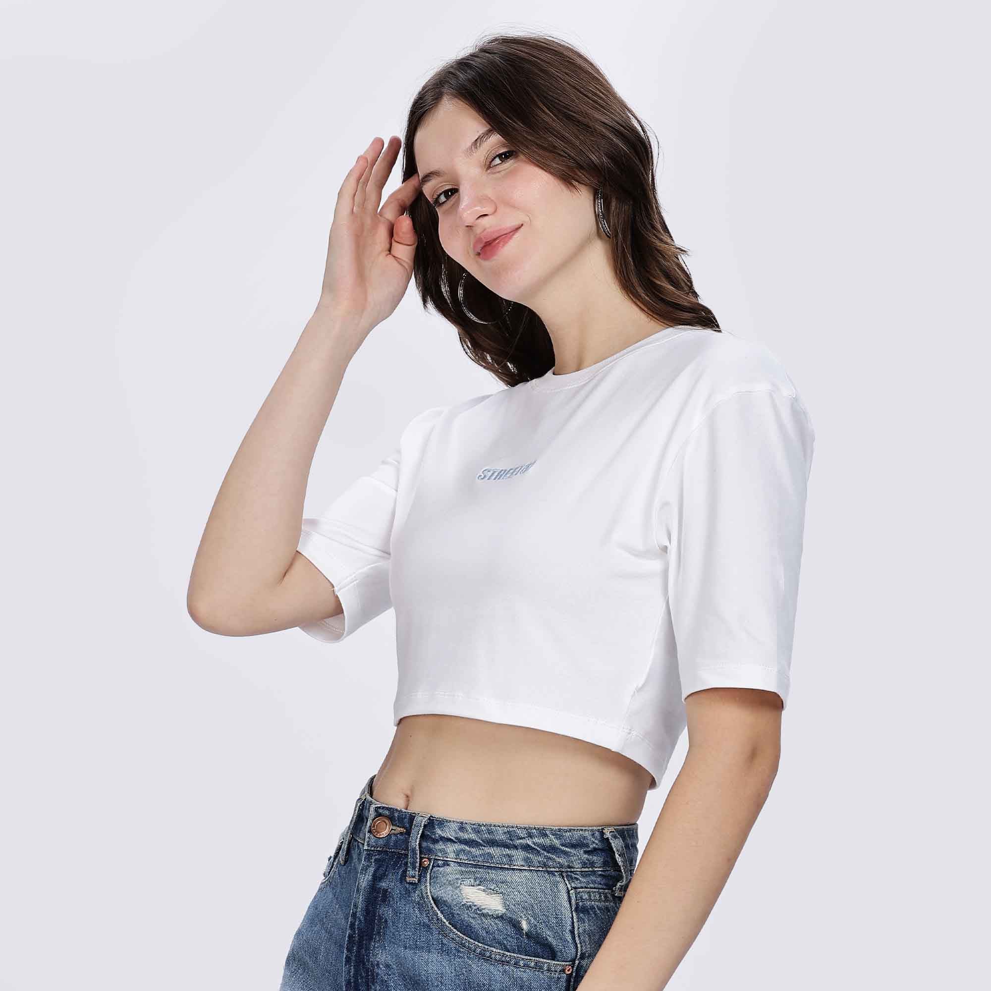 Half Sleeve Casual Crop Top with Embroidery Logo