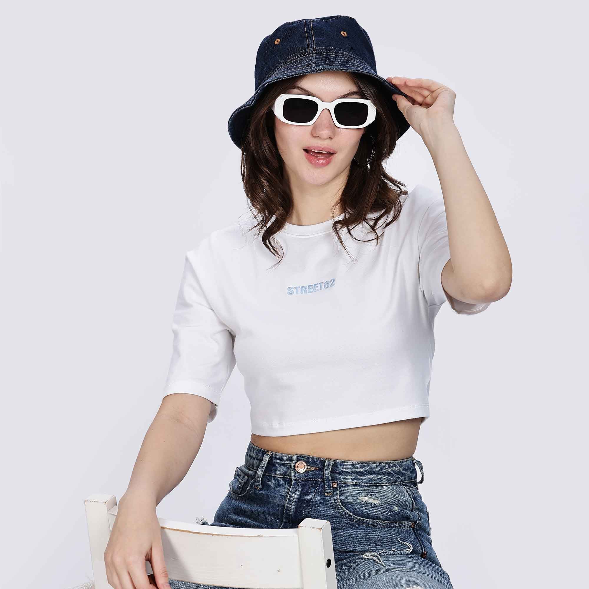 Half Sleeve Casual Crop Top with Embroidery Logo