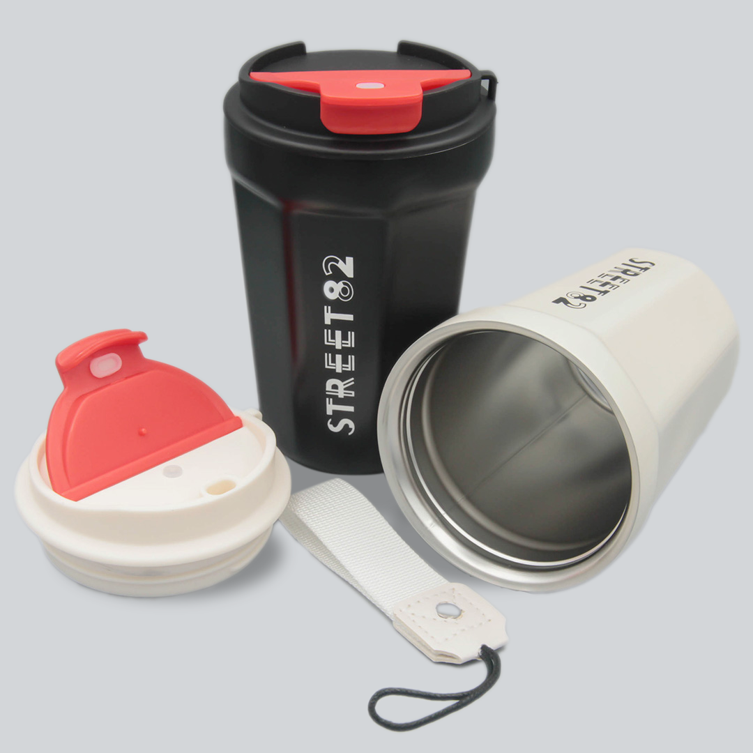 Stainless Steel Vacuum Flask, Thermo Bottle with Carrying Rope Coffee Travel Mug