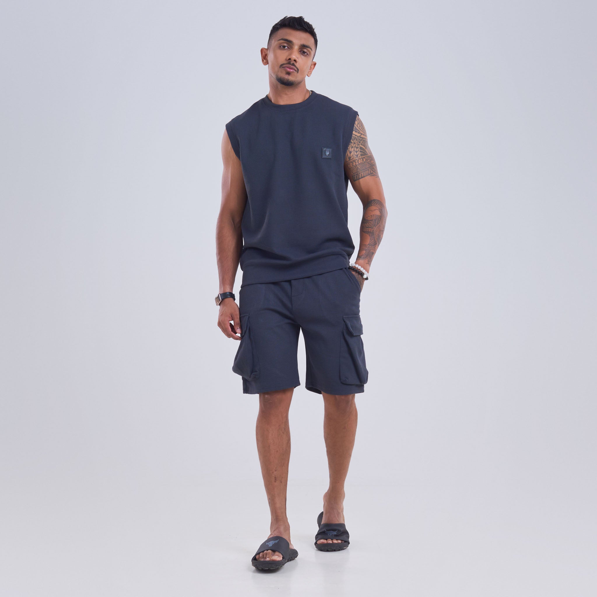 Co-ord set - Oversize Arm Cut T-shirt Rubber Logo Badge