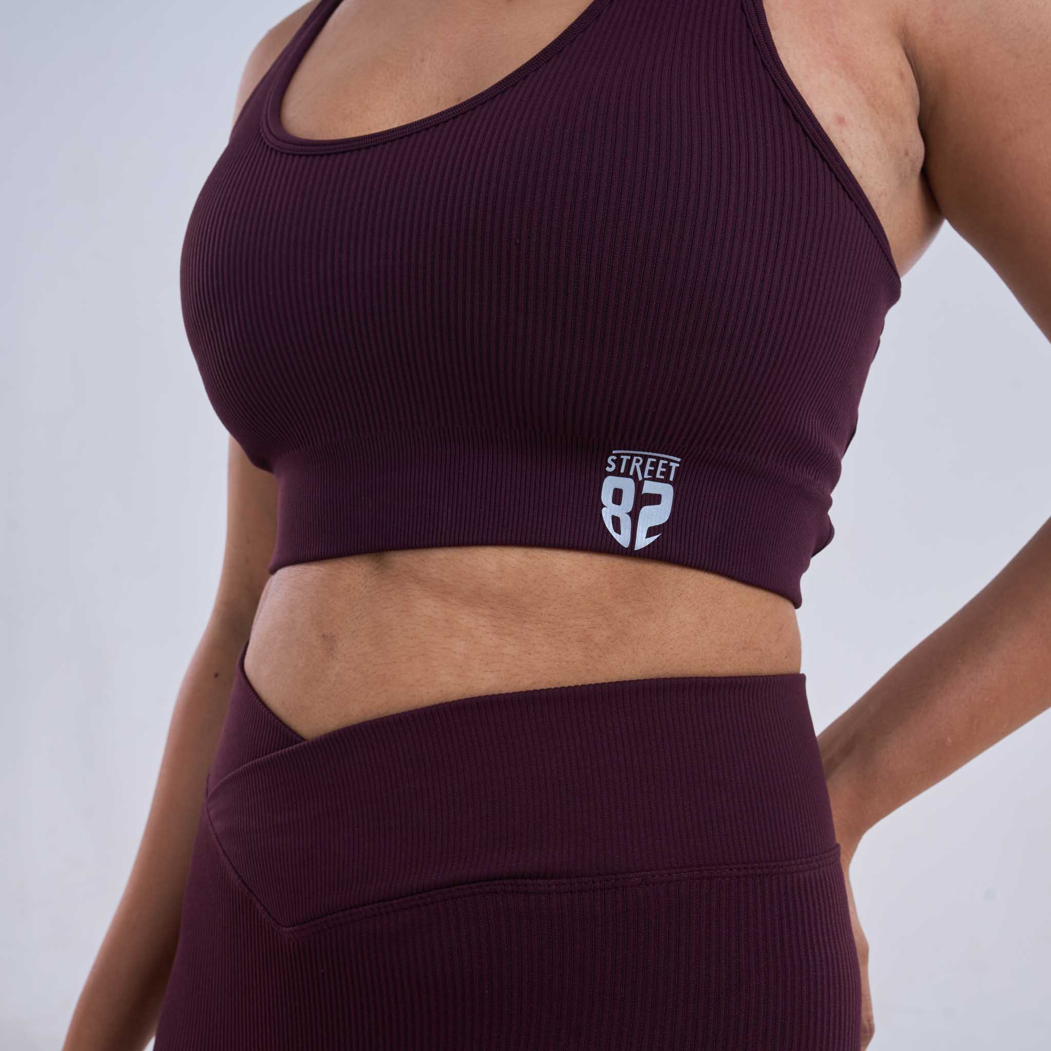 Closeup image of Ladies Sports Bra with Adjustable Back String maroon colour variant.