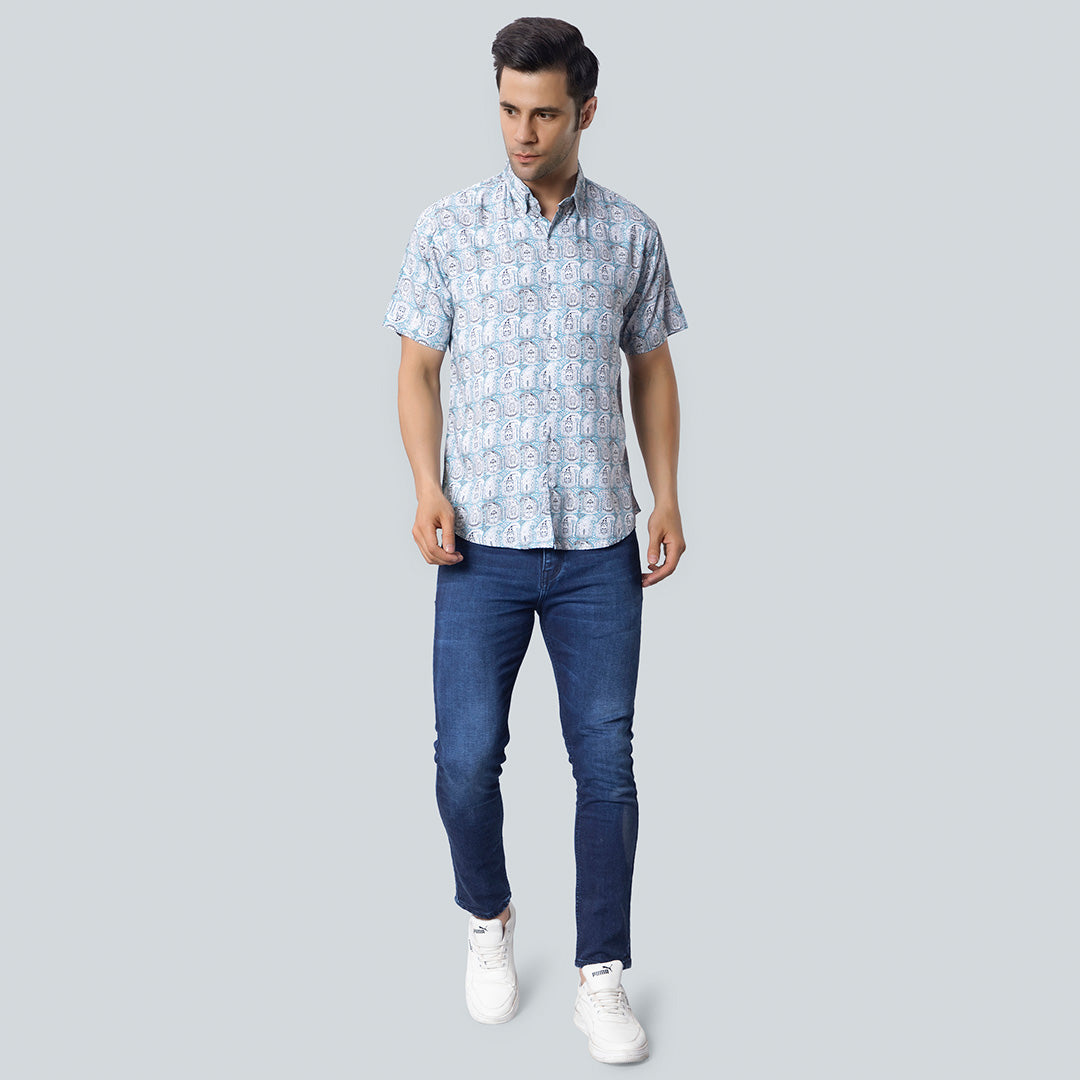 Rayon Apostrophe Print Turquoise Shirts for Men