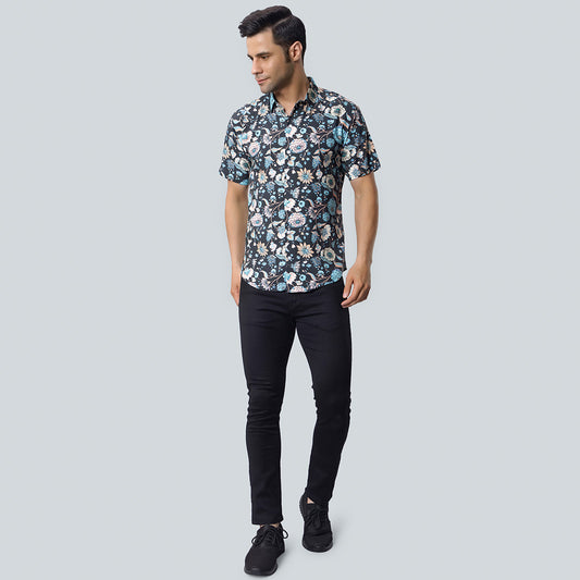 Rayon Pastel Color Flower Print Black Shirts for Men