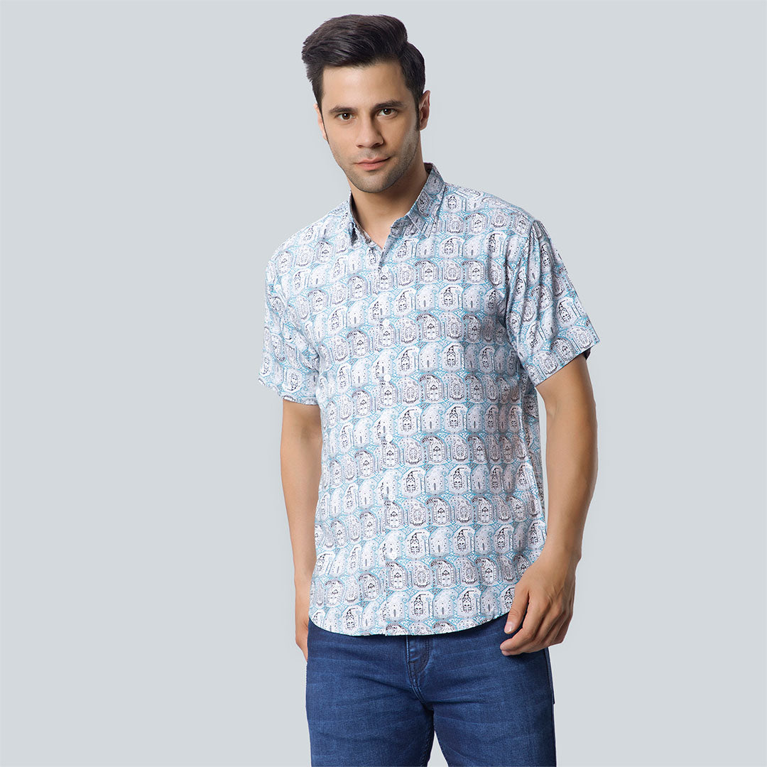 Rayon Apostrophe Print Turquoise Shirts for Men