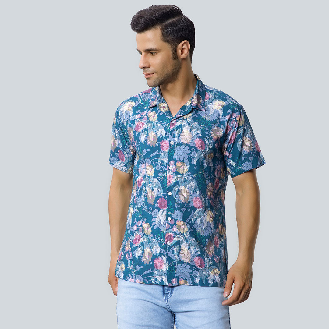 Rayon Flower and Leaf Print Green Shirts for Men