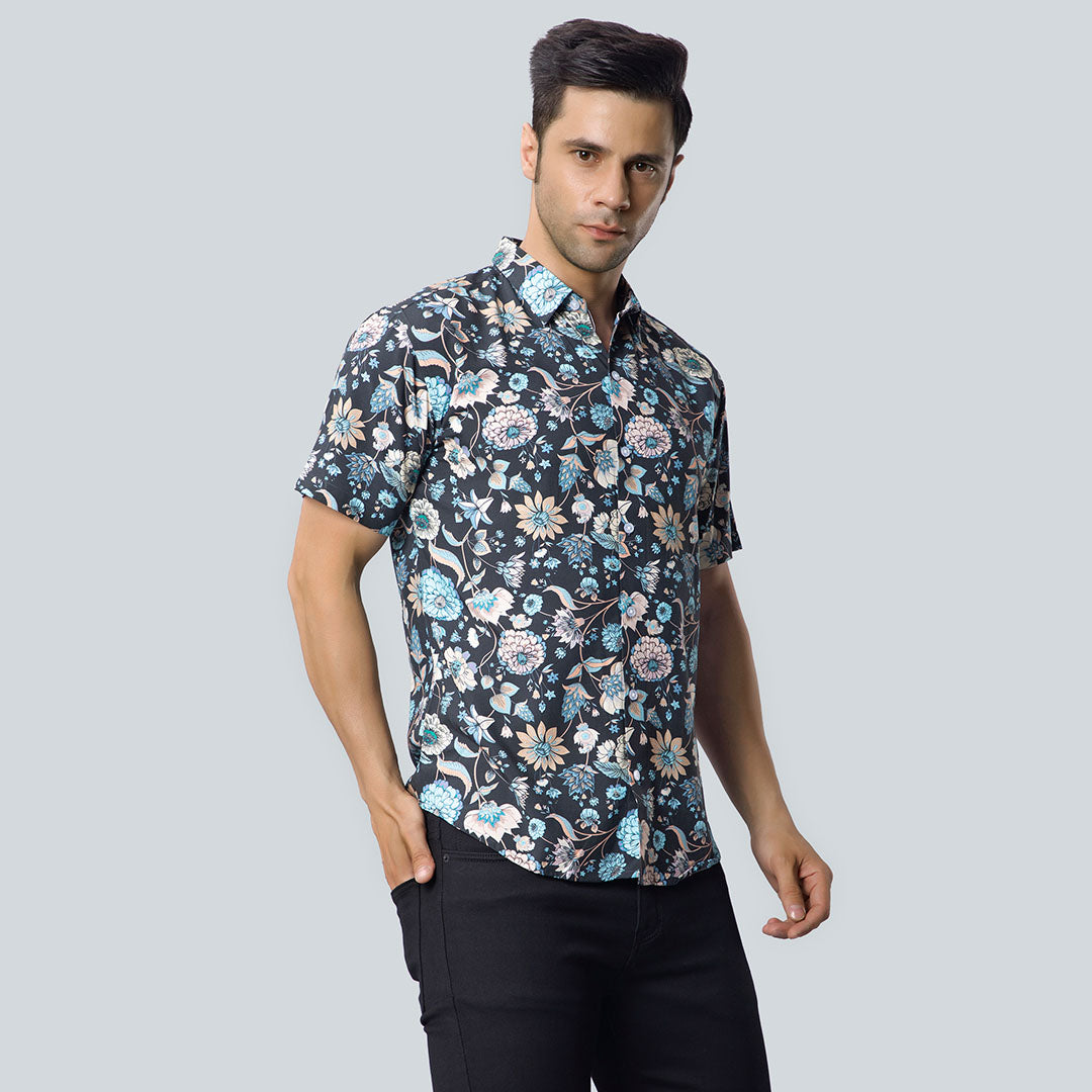 Rayon Pastel Color Flower Print Black Shirts for Men