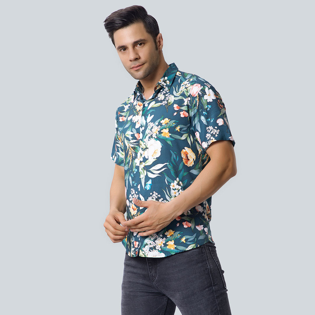 Rayon Jungle Design Printed Green Shirts for Men