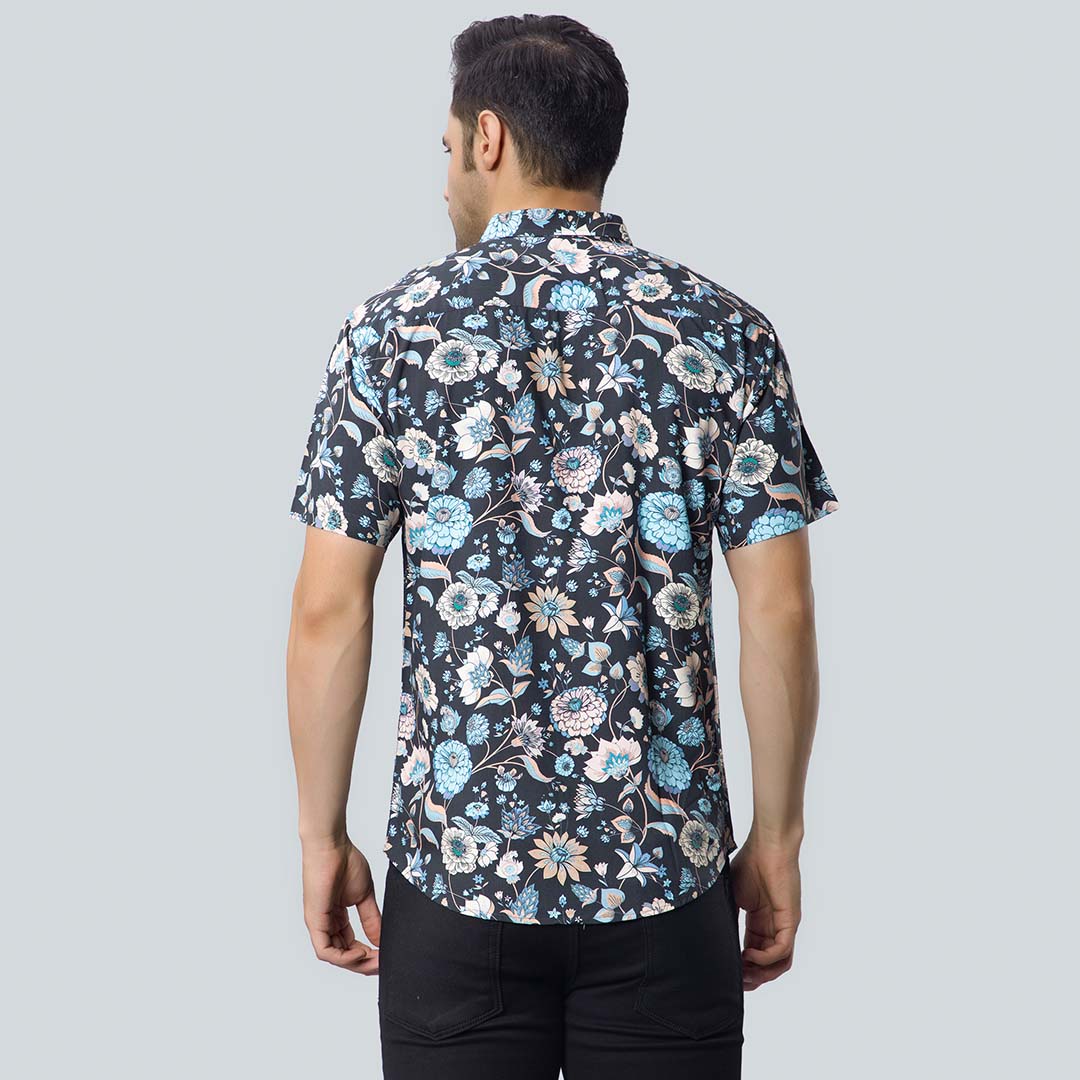 Rayon Pastel Color Flower Print Black Shirts for Men