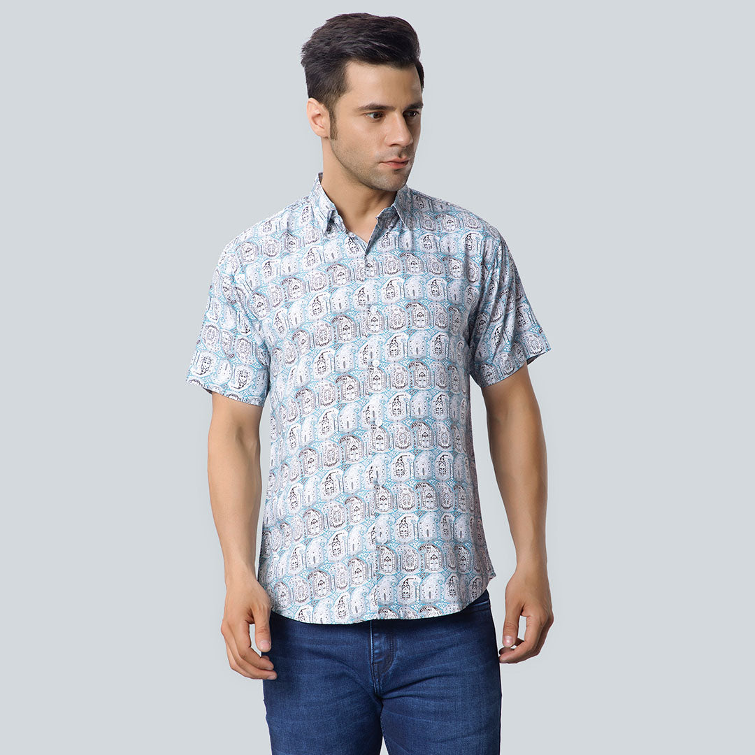 Rayon Apostrophe Print Turquoise Shirts for Men