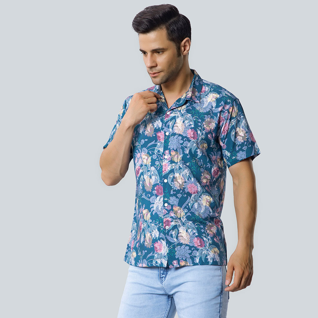 Rayon Flower and Leaf Print Green Shirts for Men