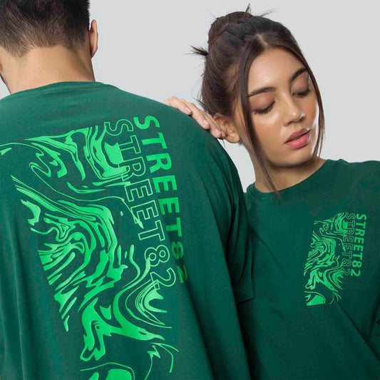 Abstract back and small chest print, Solid Lycra Jersey Oversize T-shirt