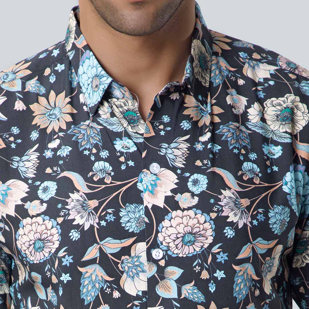 Rayon Pastel Color Flower Print Black Shirts for Men