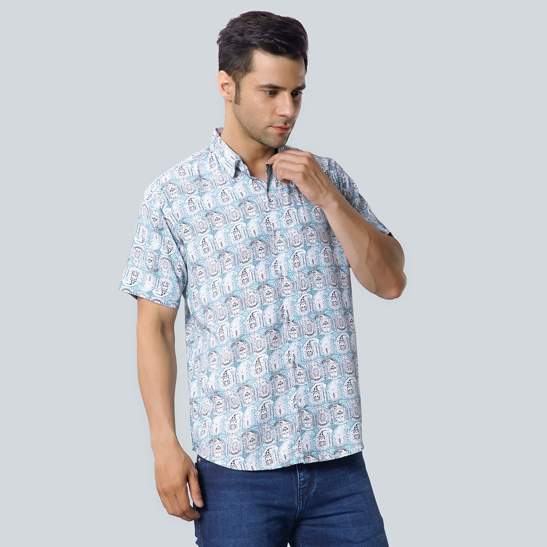 Rayon Apostrophe Print Turquoise Shirts for Men