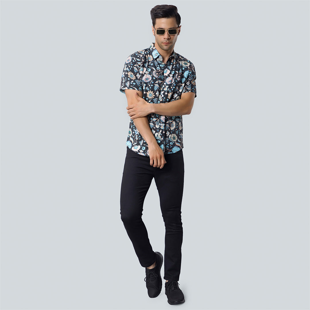 Rayon Pastel Color Flower Print Black Shirts for Men