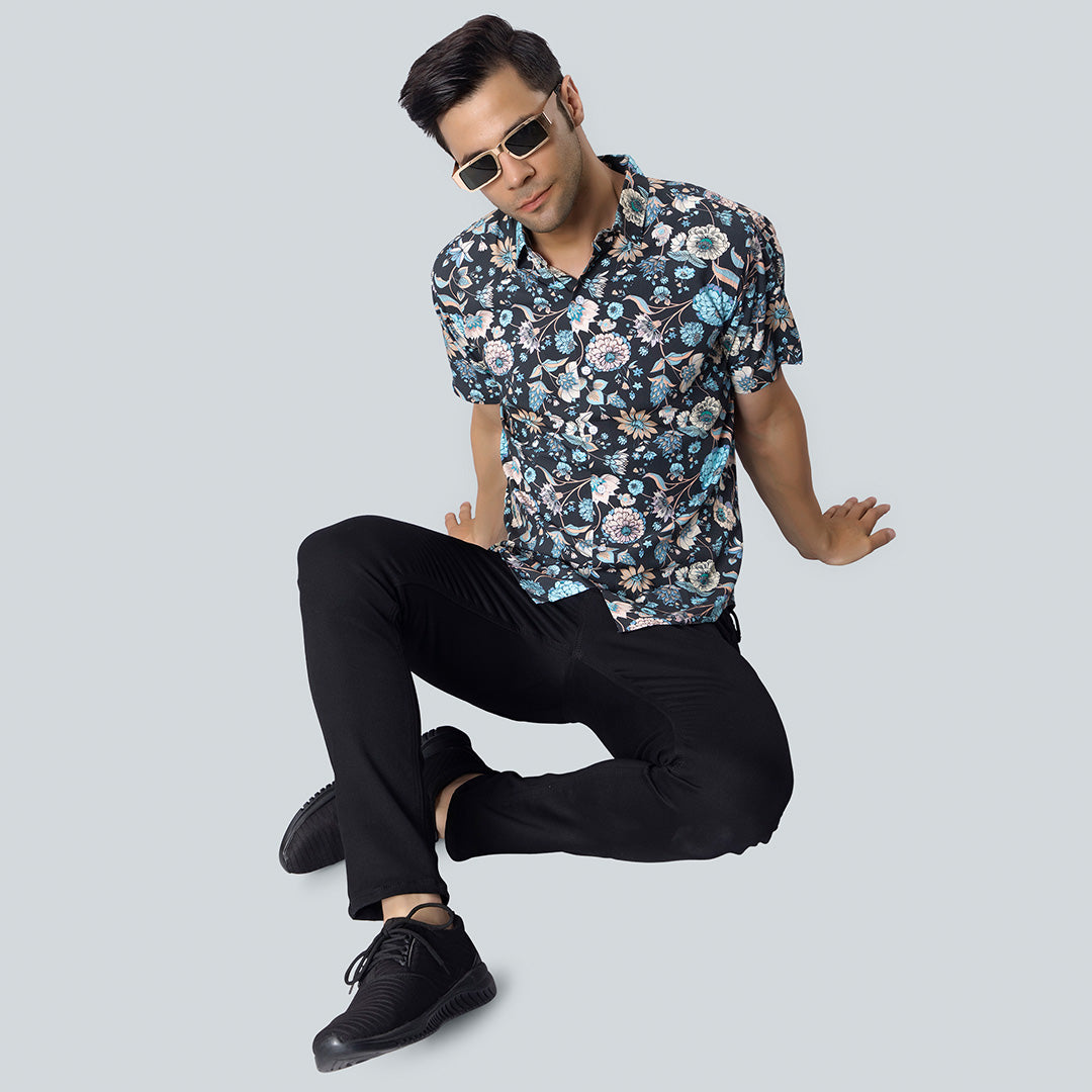 Rayon Pastel Color Flower Print Black Shirts for Men