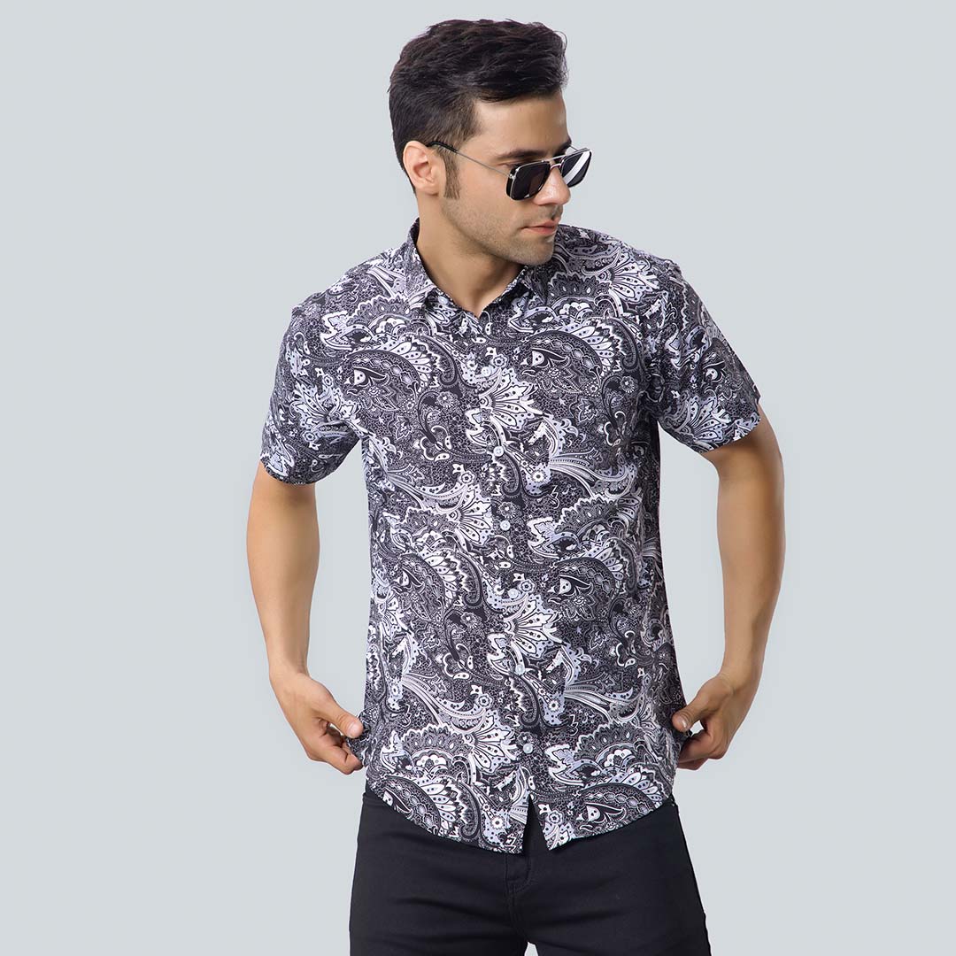 Rayon Flower Texture Printed Balck Shirts for Men