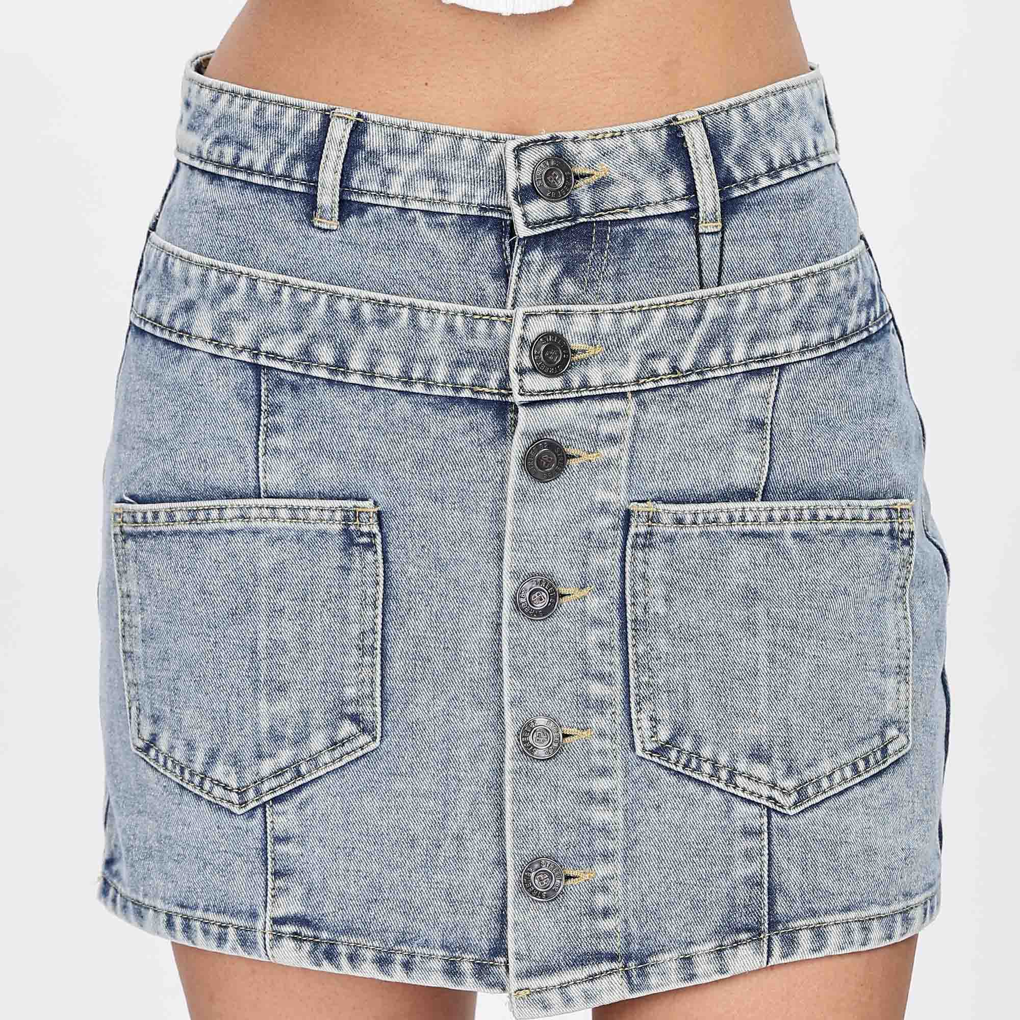 High Waisted Button Front Mini Denim Skort