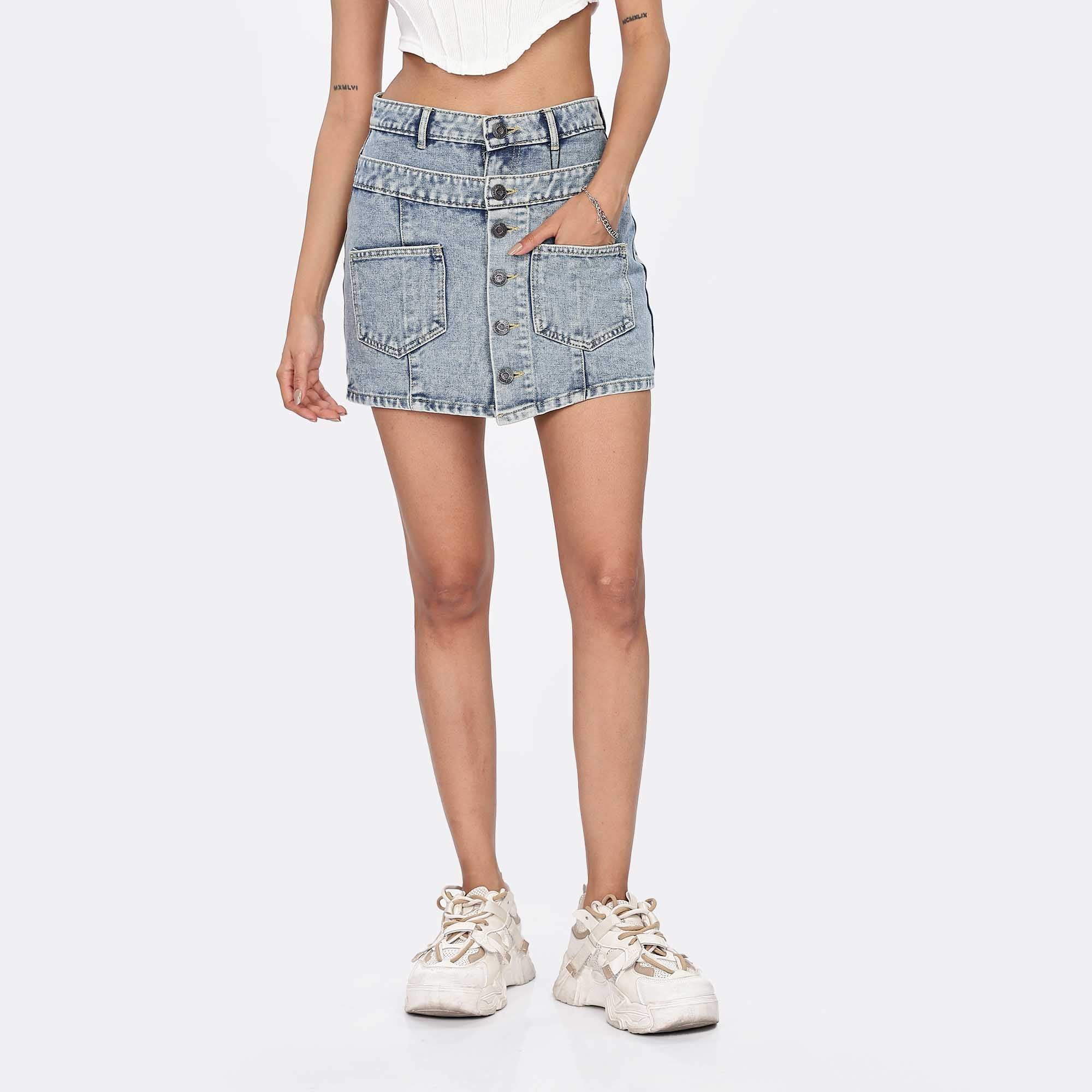 High Waisted Button Front Mini Denim Skort