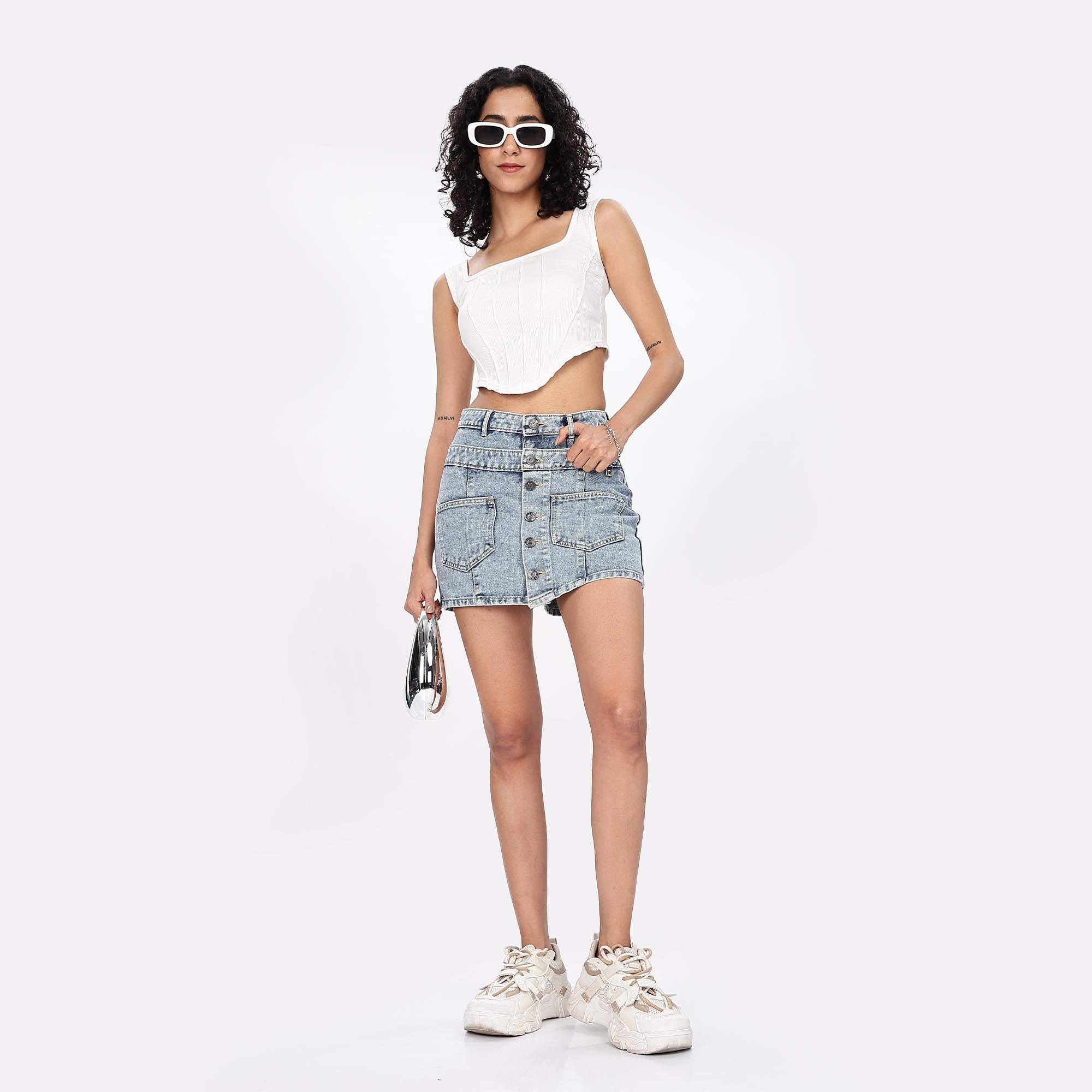 High Waisted Button Front Mini Denim Skort