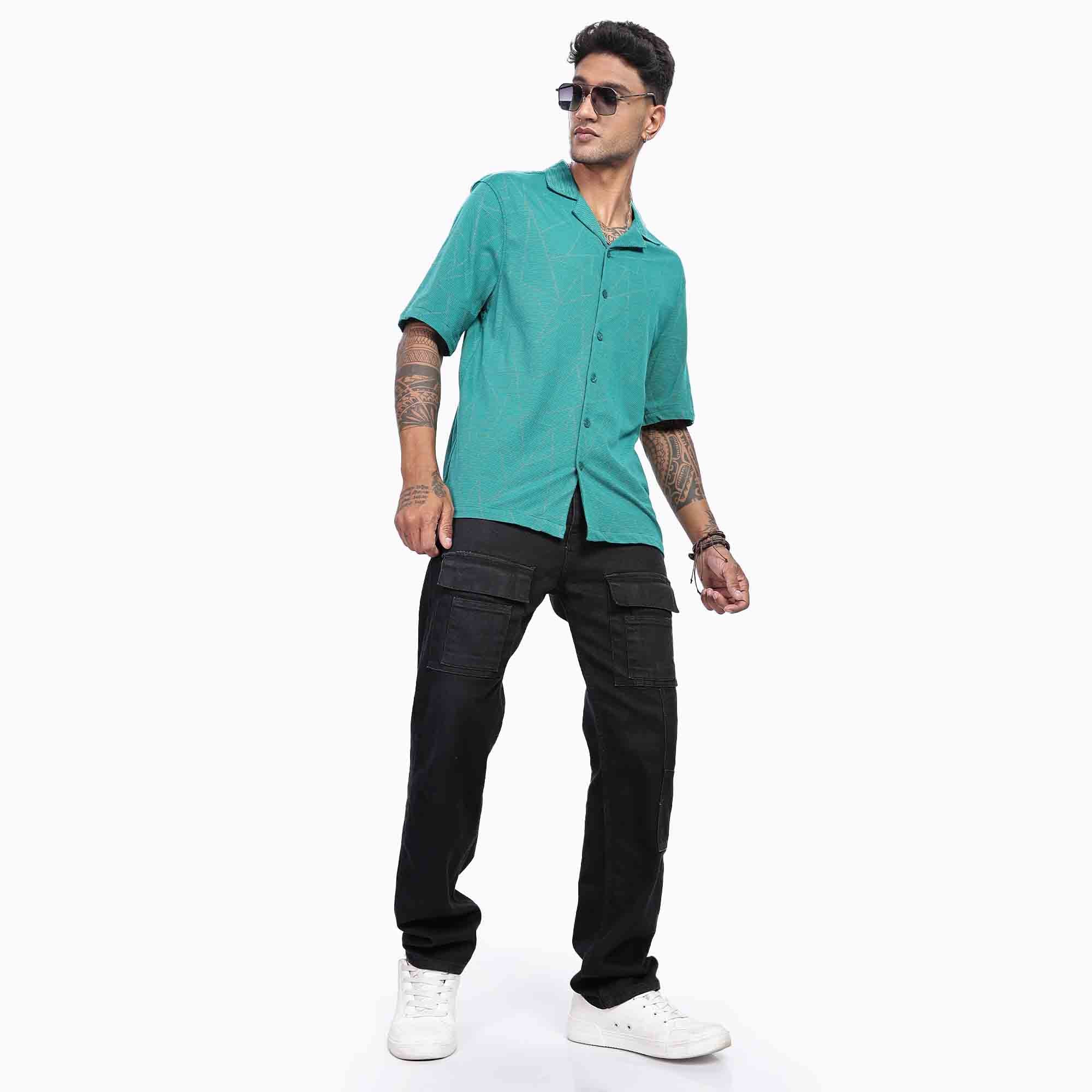 Cuban collar Oversize Short Sleeved  Shirt with Polygon Design