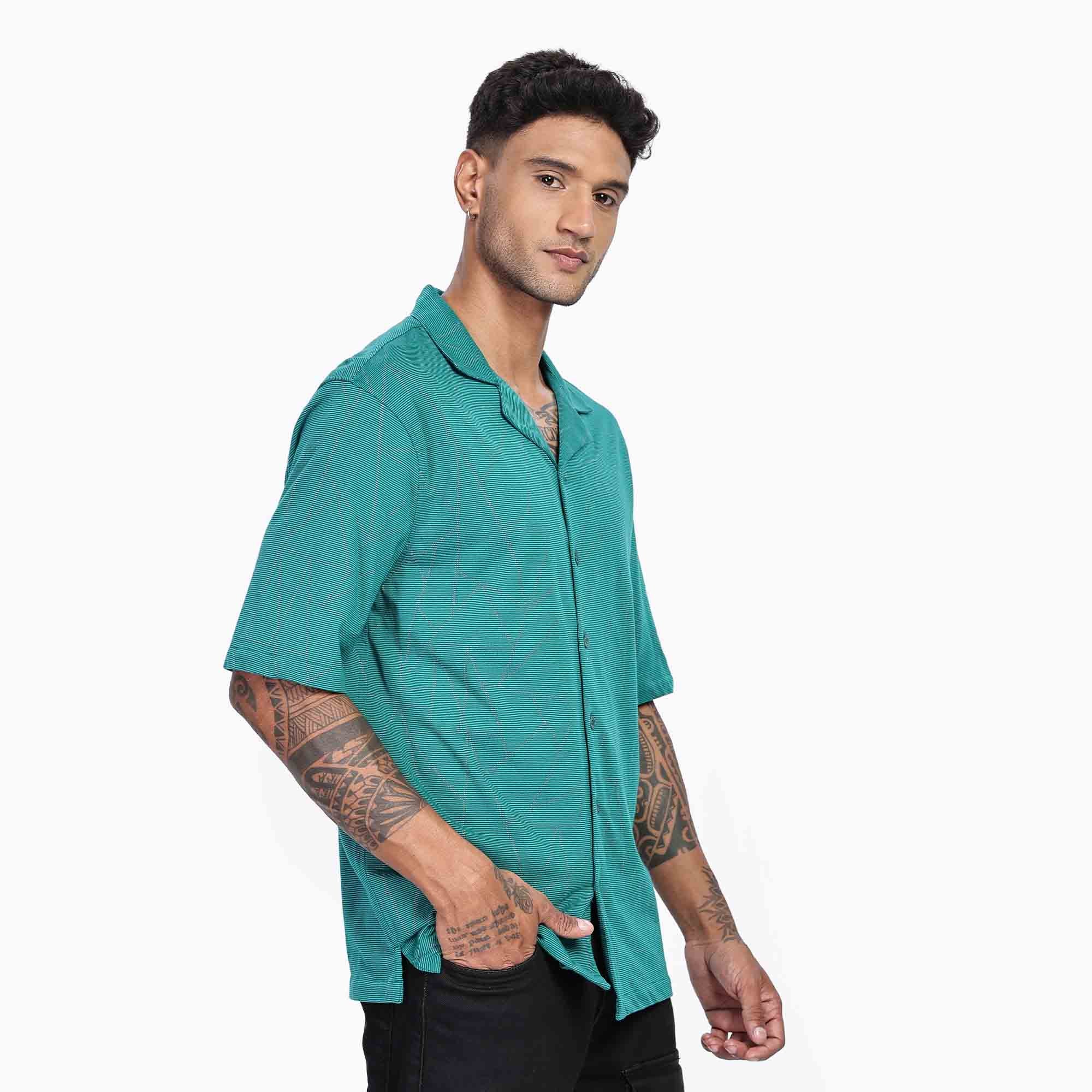 Cuban collar Oversize Short Sleeved  Shirt with Polygon Design