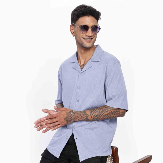 Cuban collar Oversize Short Sleeved  Shirt with Polygon Design