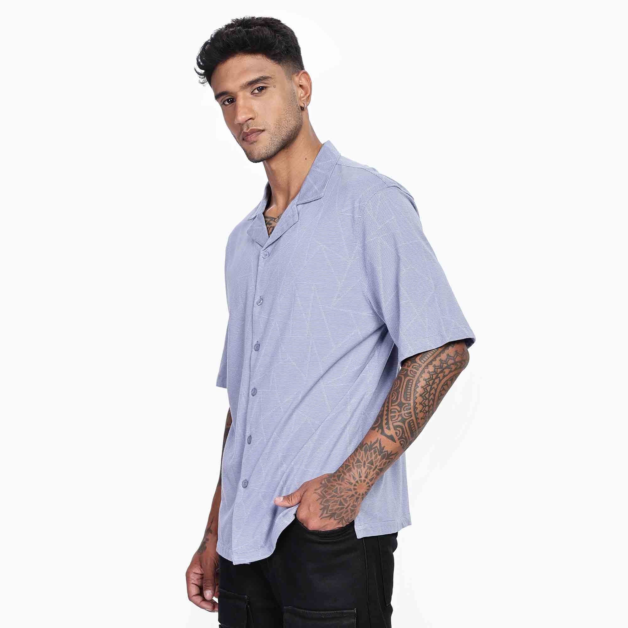 Cuban collar Oversize Short Sleeved  Shirt with Polygon Design