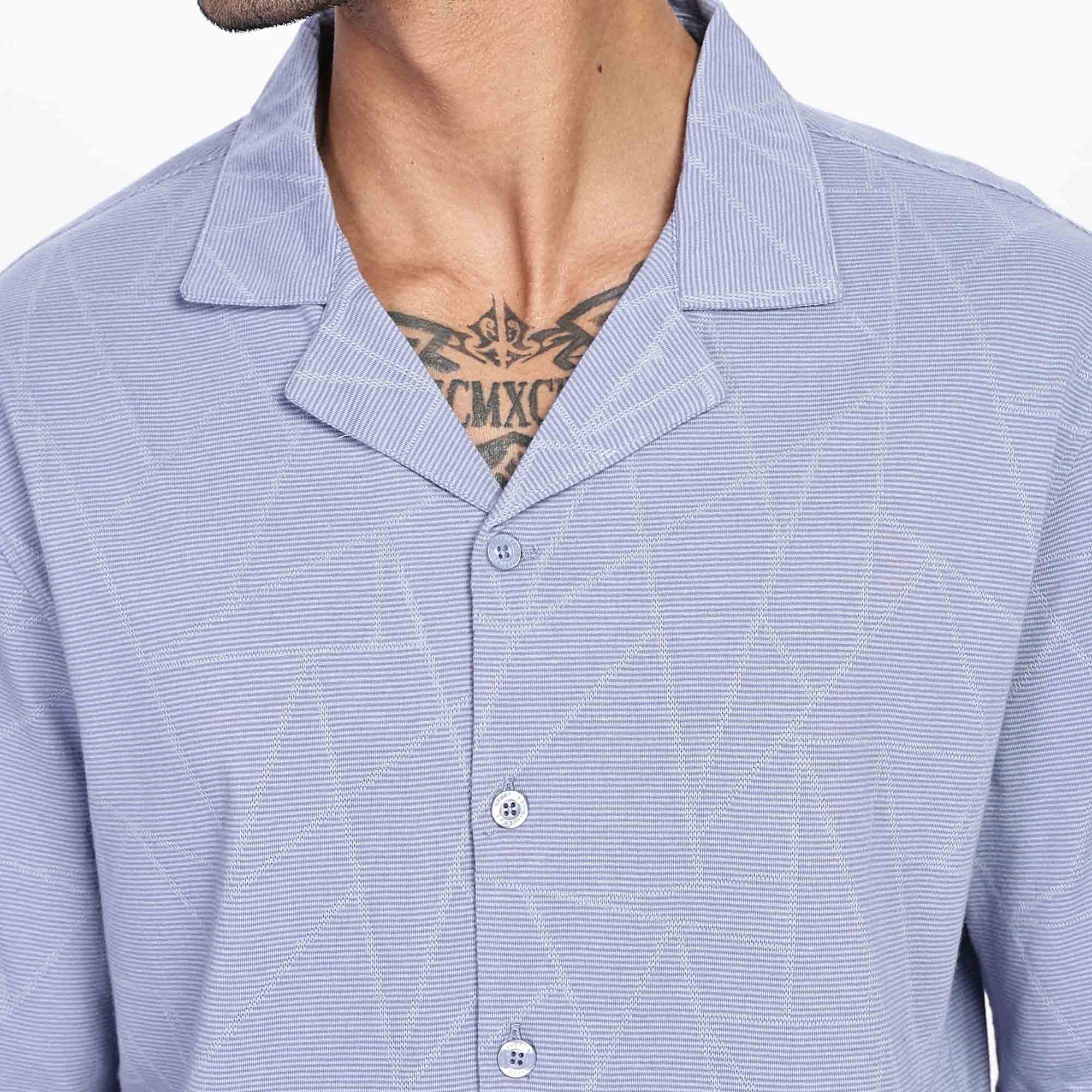 Cuban collar Oversize Short Sleeved  Shirt with Polygon Design