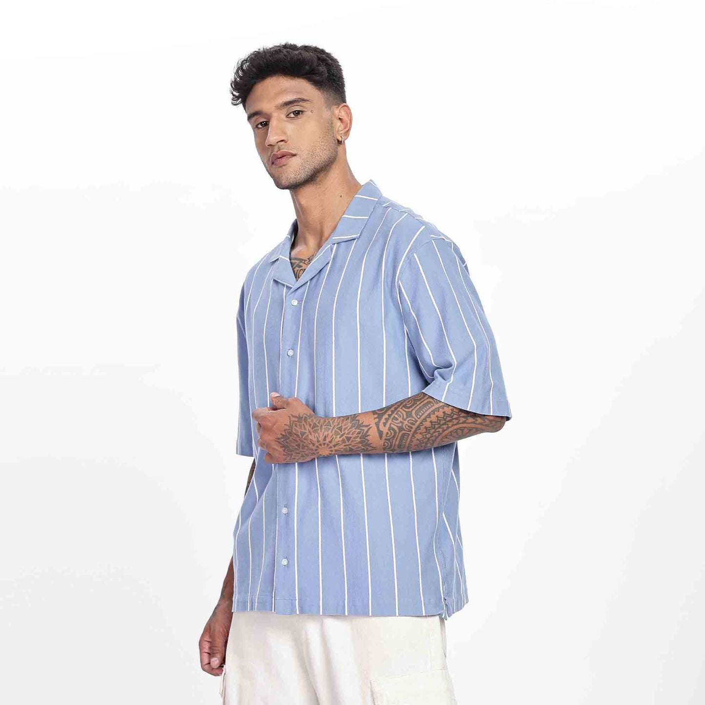 Cuban Collar Oversize Short Sleeved Striped Shirt