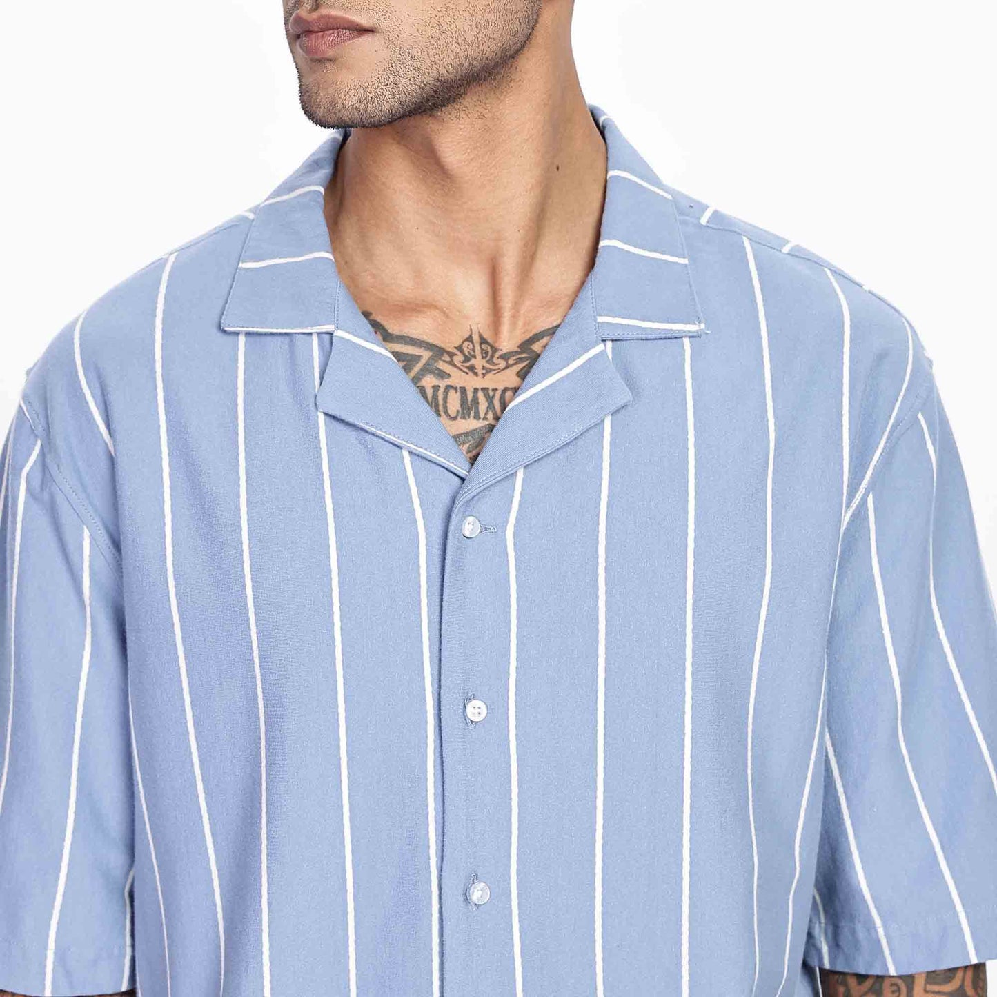 Cuban Collar Oversize Short Sleeved Striped Shirt