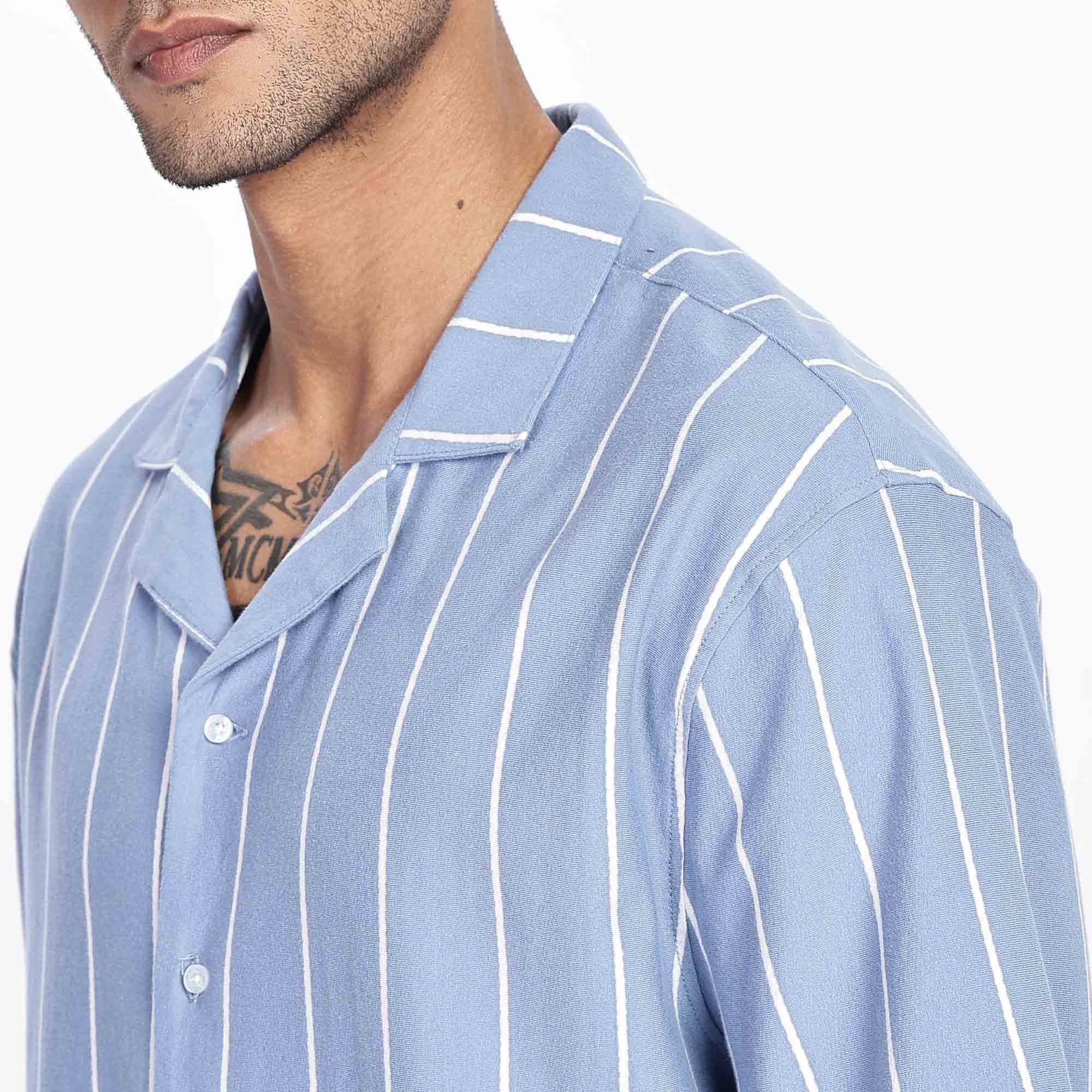 Cuban Collar Oversize Short Sleeved Striped Shirt