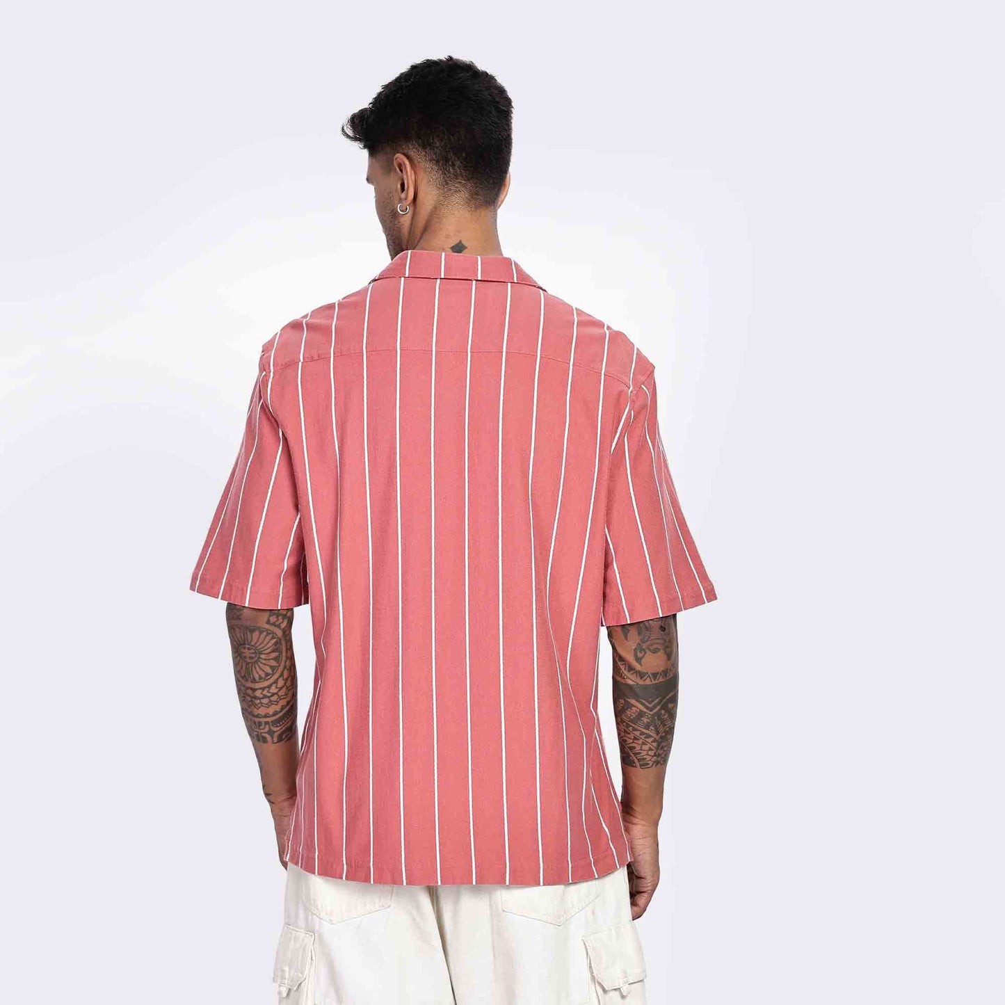 Cuban Collar Oversize Short Sleeved Striped Shirt