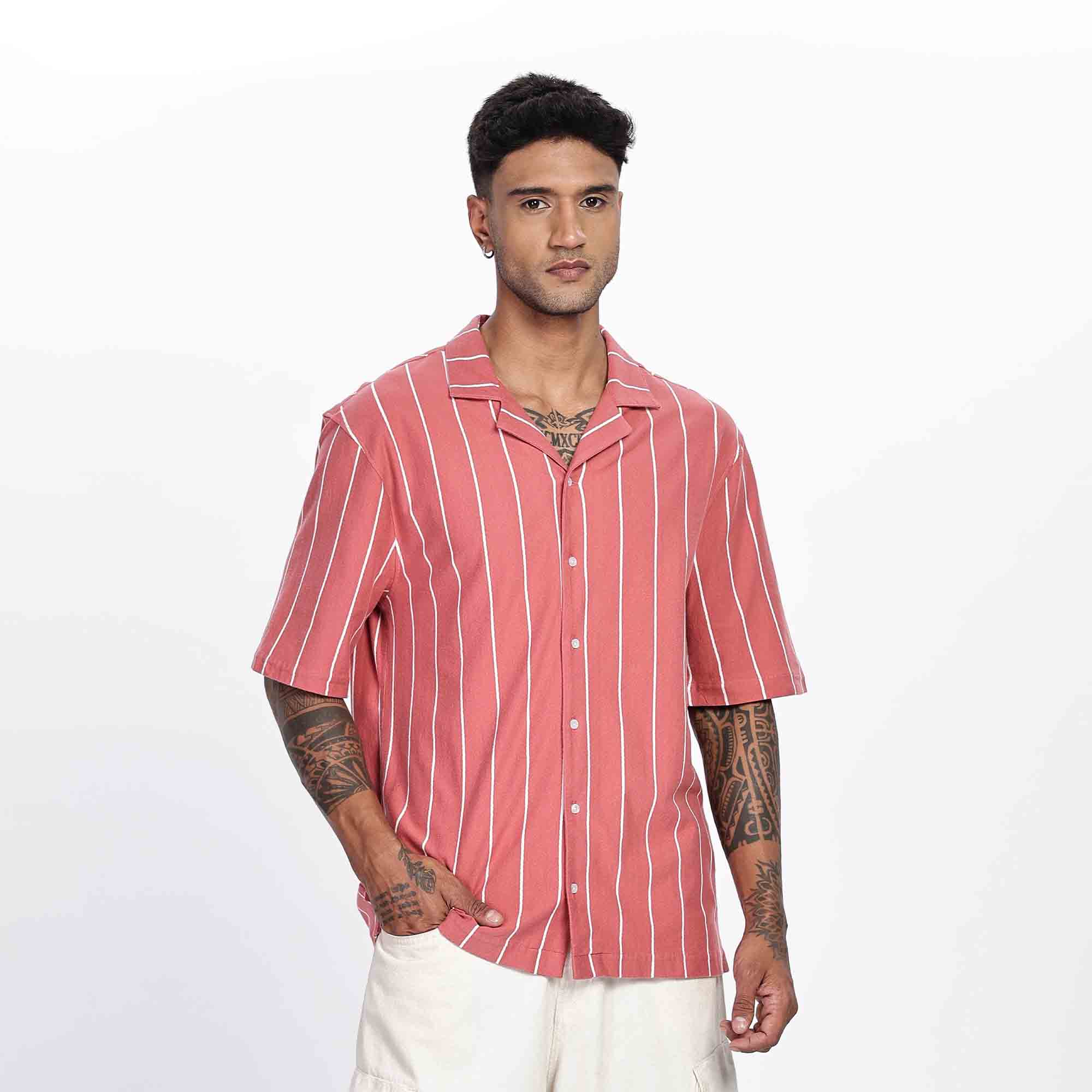 Cuban Collar Oversize Short Sleeved Striped Shirt