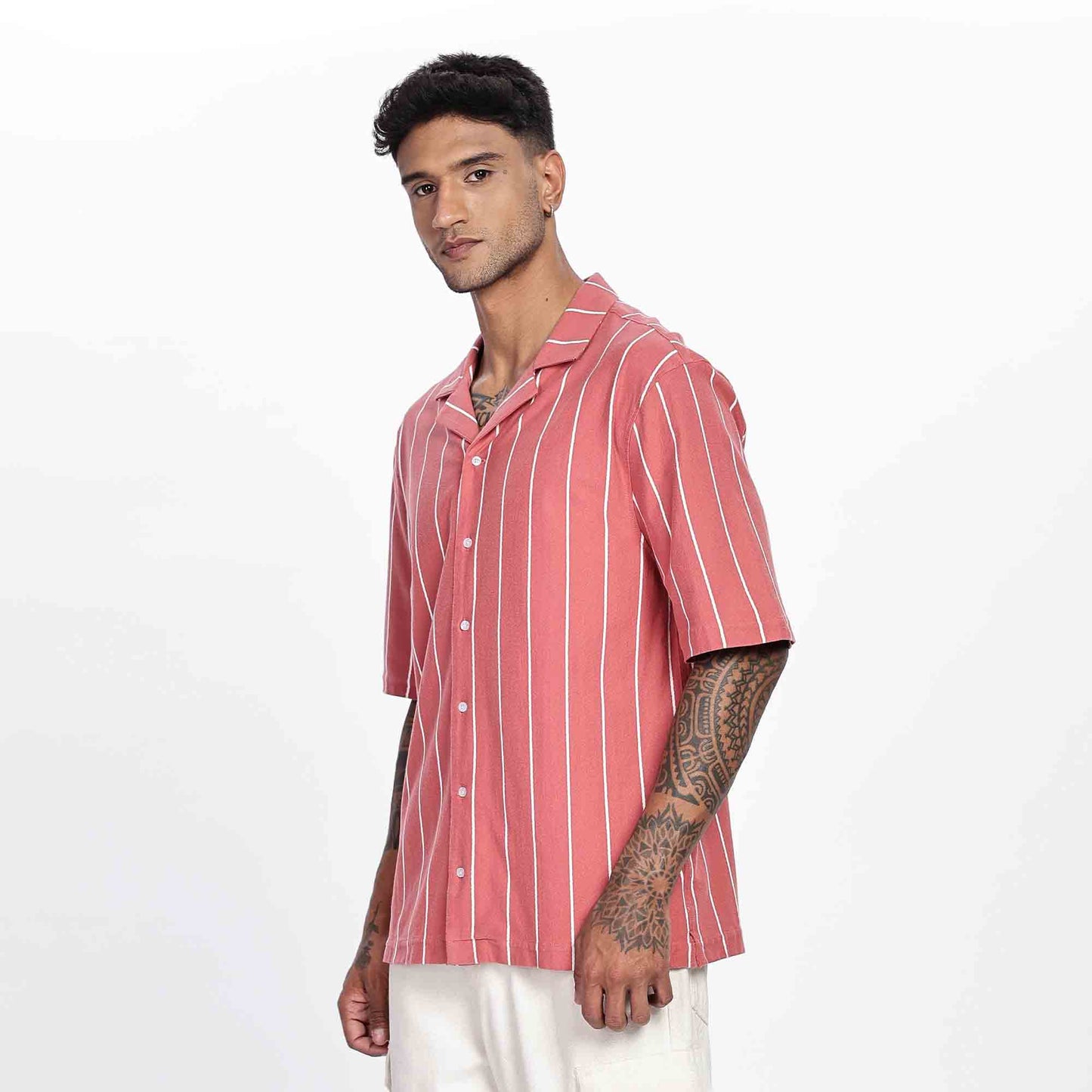 Cuban Collar Oversize Short Sleeved Striped Shirt