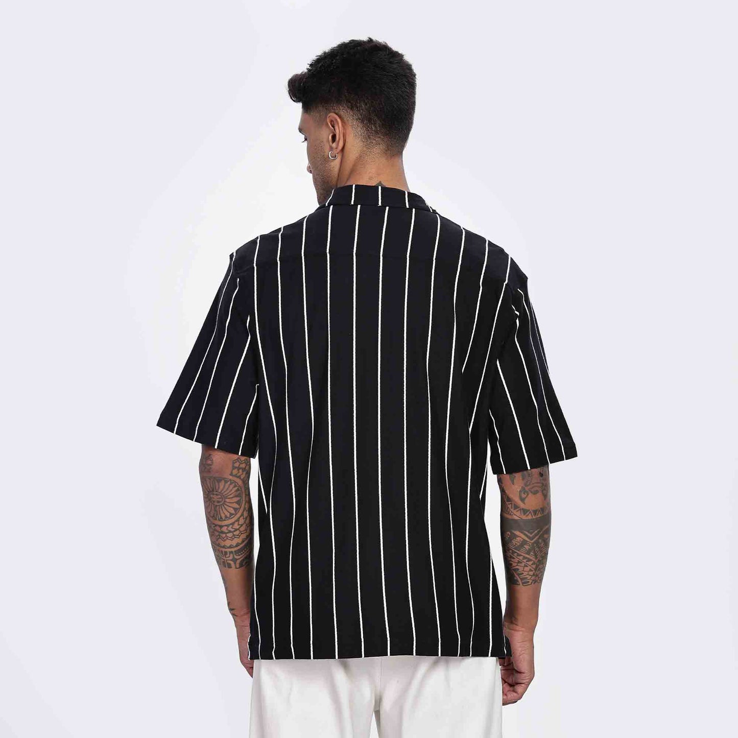 Cuban Collar Oversize Short Sleeved Striped Shirt