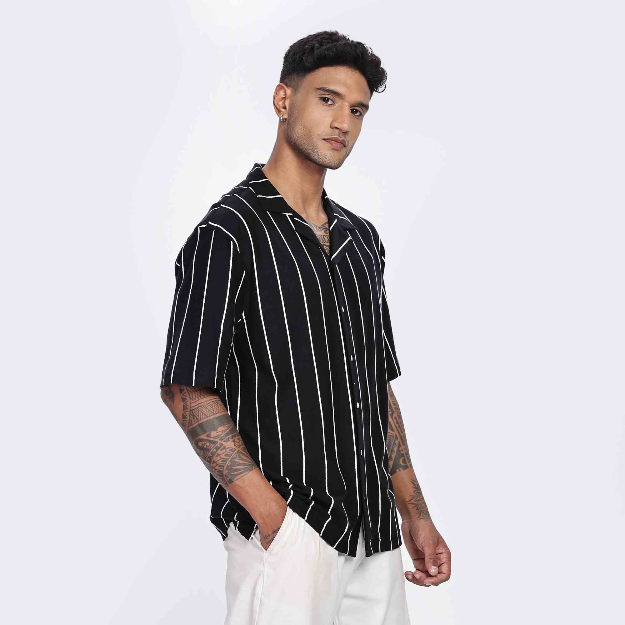 Cuban Collar Oversize Short Sleeved Striped Shirt