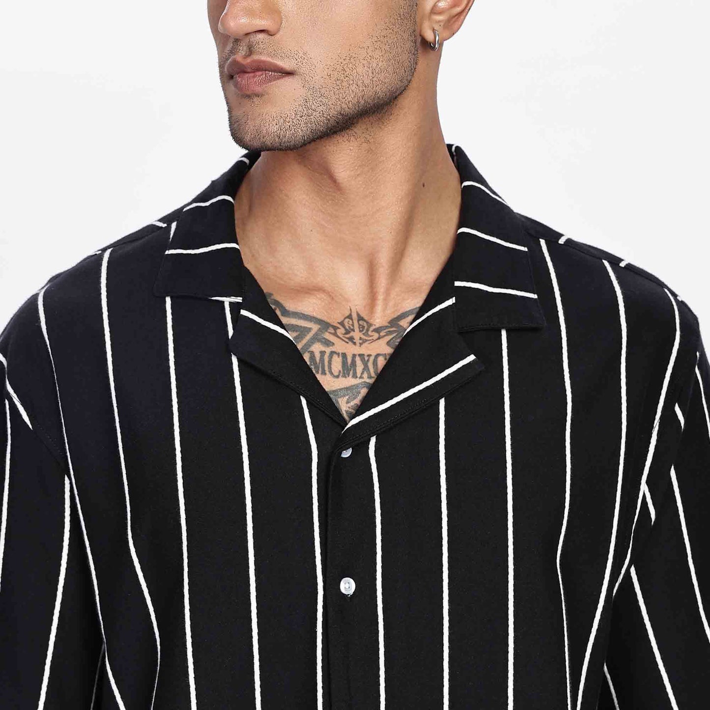 Cuban Collar Oversize Short Sleeved Striped Shirt