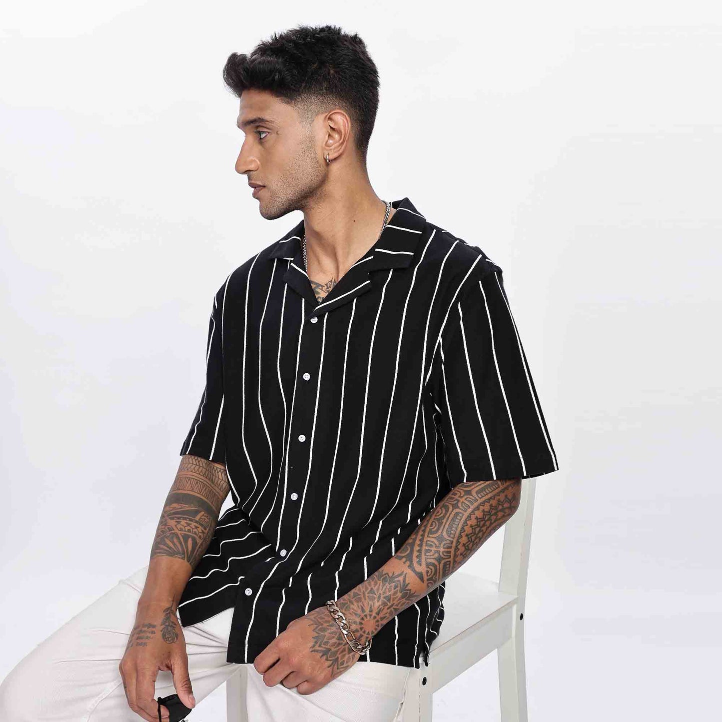 Cuban Collar Oversize Short Sleeved Striped Shirt